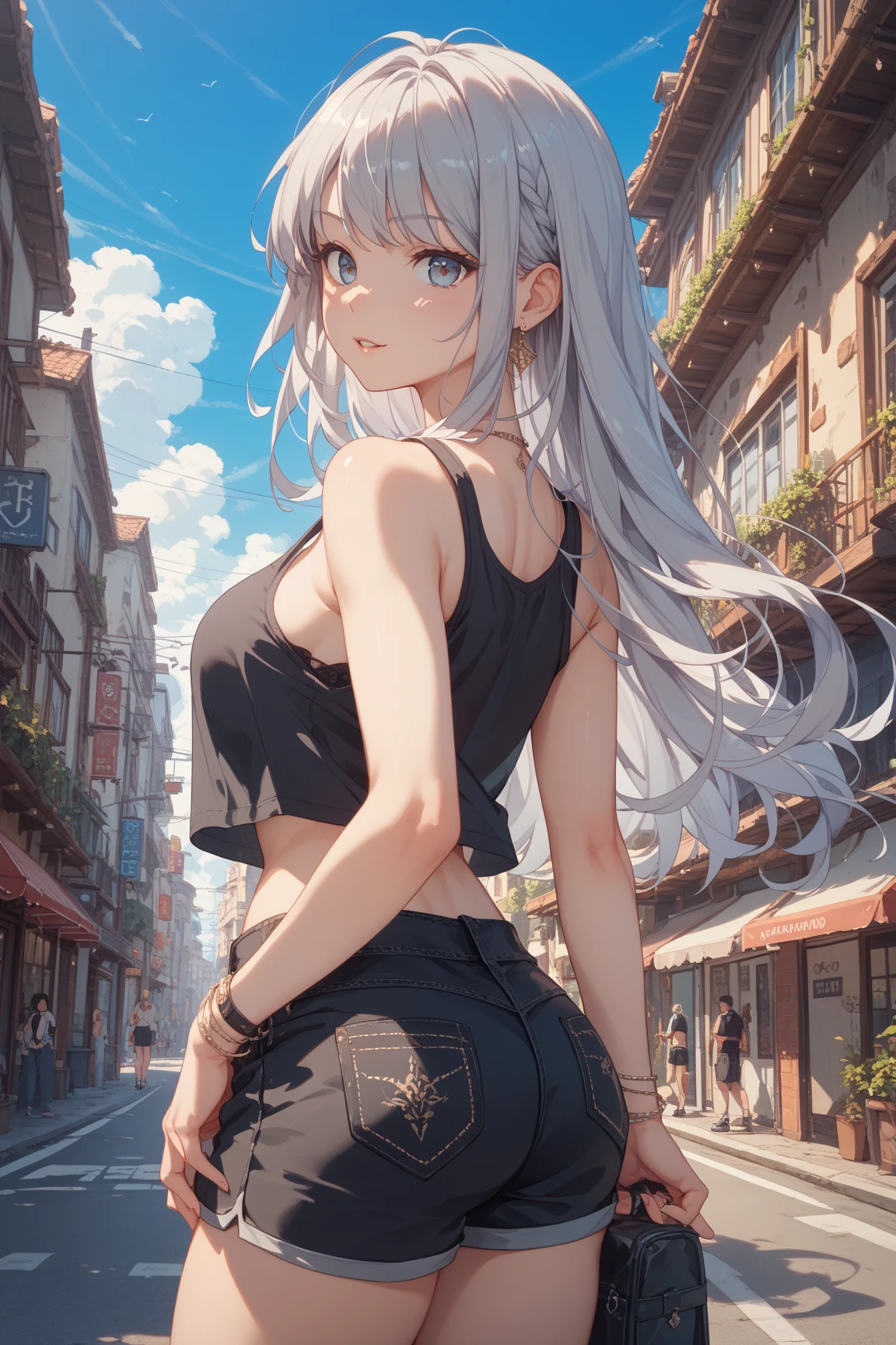 ((masterpiece, Highest quality, Very detailed)), anime CG, 

One girl, 20 years old, gyaru, gyaru-style makeup, BREAK ((brown skin:1.3)), ((tanned skin:1,3)), ((blonde)), Long Hair, blunt bangs, wavy Hair, BREAK ((grey eyes:1.3)), ((slant eyes:1.3)),((thick thighs)), medium breasts, 
((lots of pierced earrings, silver chain necklace, silver bracelet)), 
NSFW, 
BREAK looking back, from behind, looking at camera, ((focus ass)), smile, 

BREAK ((white halter neck camisole)), ((denim mini skirt)), brown sandals, 

BREAK Outdoors, Amsterdam exterior, daytime, large windows, bicycles parked nearby, Dutch architecture, cozy atmosphere, warm colors, soft natural light,