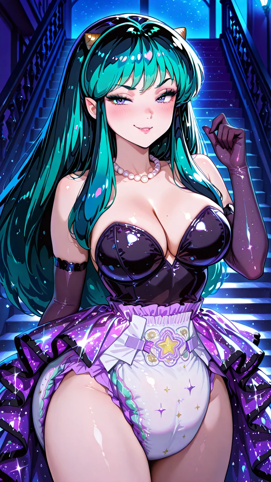 1girl,green hair,short ponytail,rimless eyewear,blue eyes,large breasts,large breasts,tanzanite crystalline dress