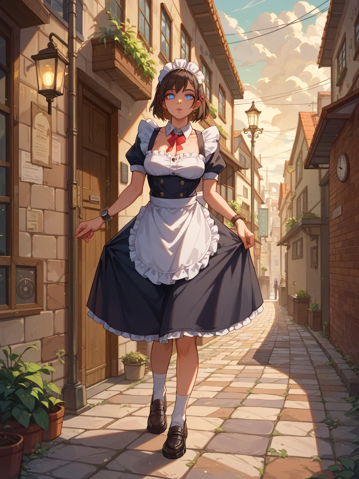 A stunning photograph of a girl in sexy maid outfit, beautiful eyes, detailed eyes, detailed face, standing in an old manor, captured in a naturalistic style by photographers Sam Yang and Ross Tran. The scene is highly-detailed, with intricate textures on the lady's clothing and sharp focus on the surrounding buildings. The lighting is bright and optimistic, with the sunlight creating a warm glow and a sense of hope and positivity,