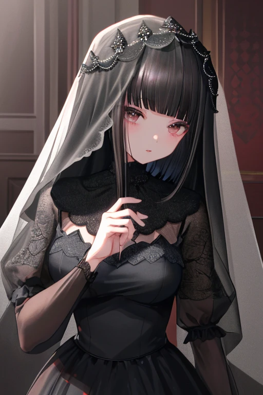 (sinister, eerie atmosphere, chilling details, dimly lit), haunting work of art, spine-tingling excellence, lone woman, by herself, spectral allure, ebony hair, haunted eyes and intricately crafted visage, looking at the viewer, ((ancient bloodstained gown)), ((torn lace veil)), locking eyes with the observer, hands ghostly pale and hovering, amidst a decrepit chapel, distant mist-shrouded cemetery.