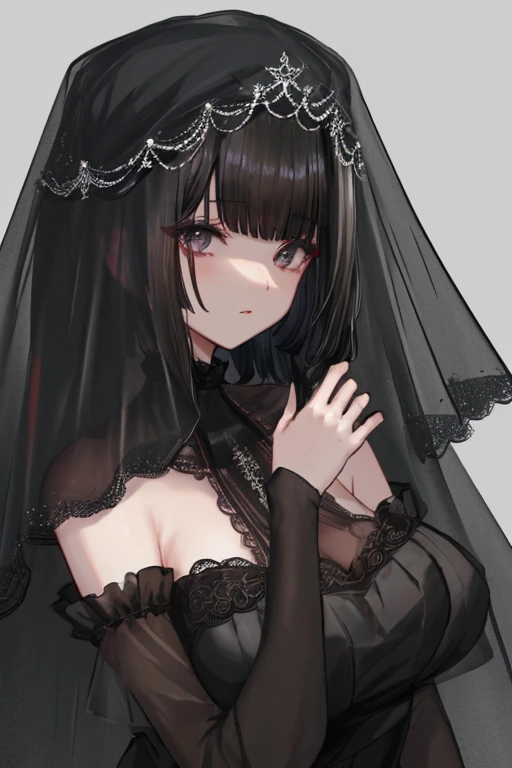 A womann whowears a minimalistic costume consisting of delicate, thin chains and ornamental pieces that barely cover her body. A translucent purple veil covers her lower face, and intricate jewelry adorns her neck, arms, and waist. Her eyes, framed by a look of  subservience 
Her short, raven-black hair and intense orange eyes 