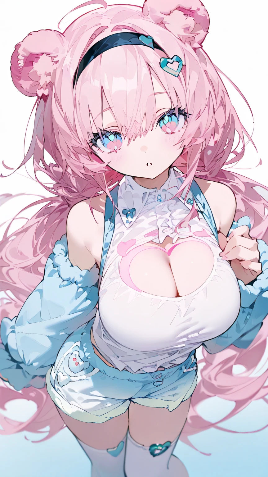 High quality, masterpiece, ultra-detailed, 1girl, transparent bodysuit, bodystocking, nipples, peaceful expression, long pink hair, enchanting blue eyes, fox ears, ridiculously large breasts, grabbing own breast, bedroom