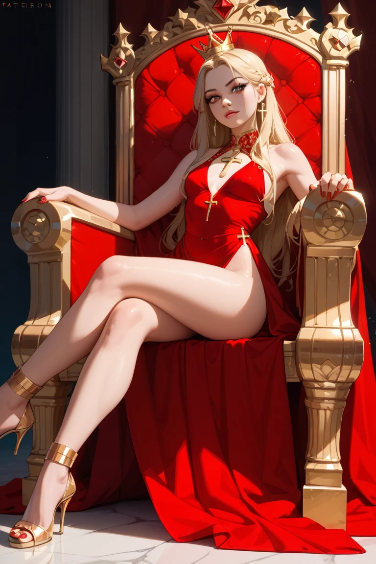 A sexy blonde demon queen in high heels sitting on her throne. With a seductive tight dress with big tits