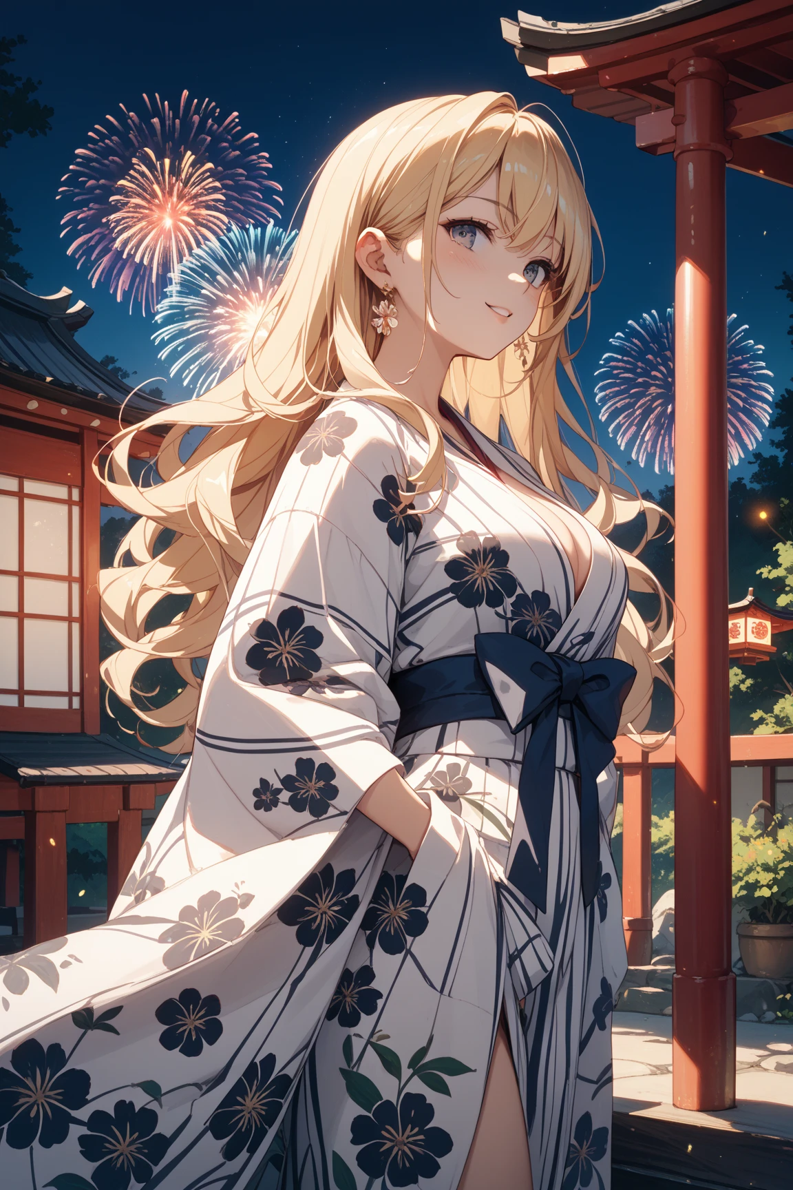 ((One personの女性)), Beautiful Face,(Laughing embarrassedly), (naughty face:1.2), ((Wink:1.9)), (head tilt:1.3), Laughing with your mouth open, upper teeth, ((full-face blush:1.5)), looking at viewer, Glossy Red Lips, (Shining Face), ((anime colored)), ((Anime style background)) , night, Observatory, Festival decorations, firework, ,masterpiece, Highest quality, so beautiful,up to date, Complex details, (Pink long nails),(ring),(bracelet),(choker),AI-generated, Complex,High resolution, Highest quality, super high quality,3D Images、3D Images,One person,Long blonde hair,ponytail, wavy hair ,写真のポーズをとるAnime Women, ((Fine grain、Lightly pigmented turquoise eyes、Shining Eyes:1.4)), (Squint your eyes:1.1),a hyperRealistic , hyperRealistic , Realistic,Anime Women, Smooth anime CG art, A woman in a colorful kimono with gold embroidery, ((yellow、Dark blue long-sleeved kimono:1.3)),Red floral pattern,Long flower hair ornament,Earrings,Mature Body,(Big Breasts:1.1),Tall,Abdominal muscles,Tight waist,(face focus:1.4), ((front view)),