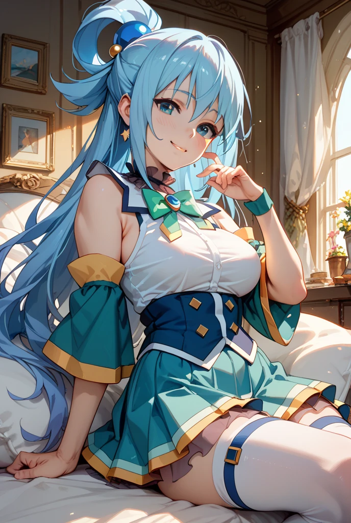 anime screencap, pecorine_(princess connect!), 1girl, solo, (orange hair:1.5), long hair, light blue eyes, enormous gigantic huge breast, panties, dress, ahoge, sitting, m-shaped spreading legs, opening legs, skirt lift, looking at viewer, thin waist, cute middle ass, bath room background, salute,