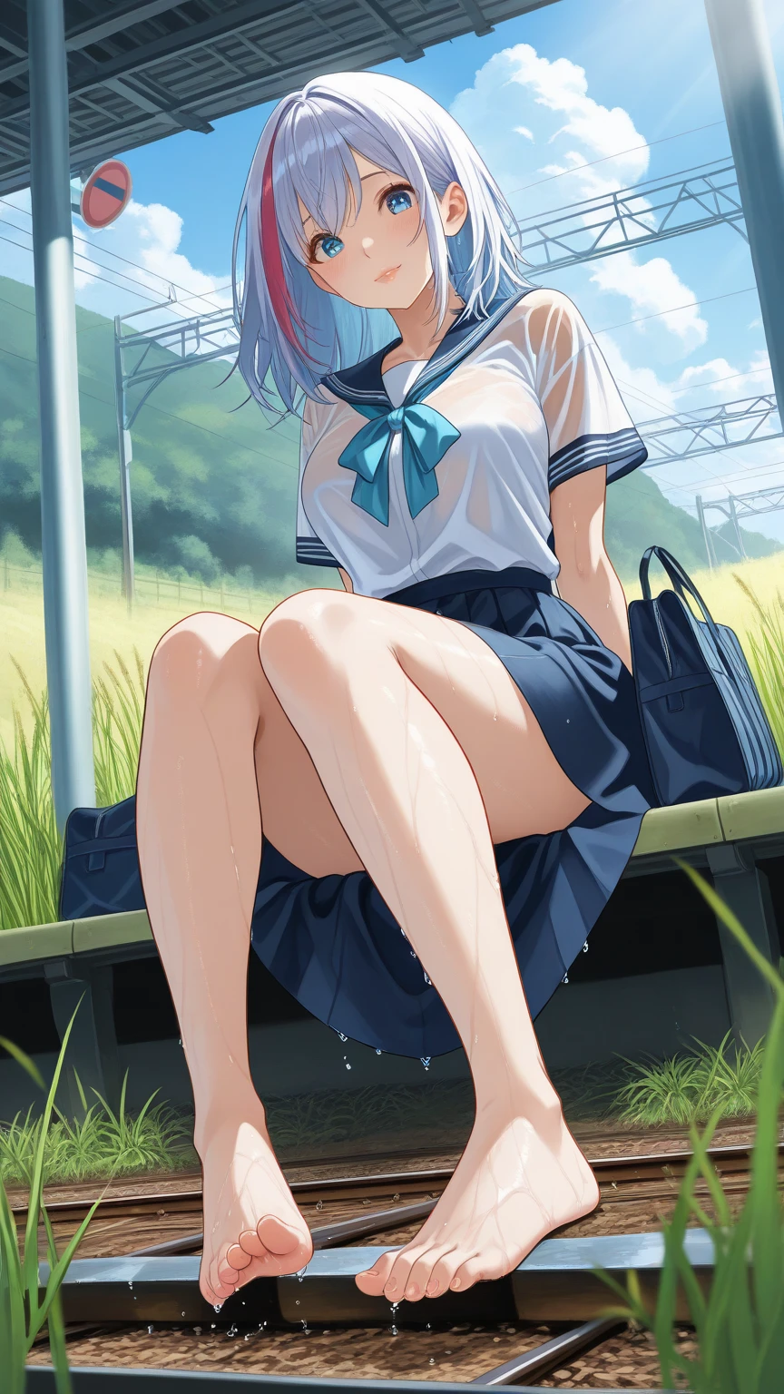 ((anime:1.35)),,((best quality)), ((highly detailed)),(((sketch:))) extremely detailed face, beautiful face,((1girl)),((solo)),shiny skin,((cowboy shot)),looking at viewer ,hikawa hina,(aqua hair) , side braids, twin braids, hair bow,, nipples,large areolae,nsfw,((serafuku:1.55))(red ribbon:1.15),((short sleeves:1.15)),((pleated skirt,mini skirt:1.15)) ((skirt lift:1.35)),,((pussy:1.35)),outdoors,,,((park,bench:1.35)),((sitting:1.35)),((sit on bench:1.35)),((nose blush:1.25)),(happy,smile:1.15),knee socks,(black socks:1.15),BREAK (dark brown loafers:1.15),,((spread legs:1.45)),from below