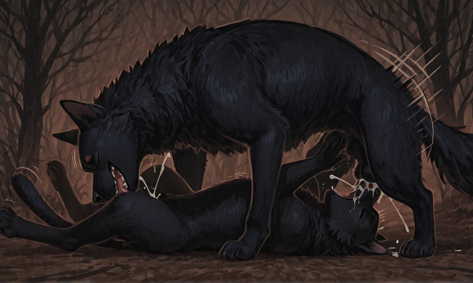 (duo), anthro male wolf and beautiful female wolf, beautiful face, detailed, best art, masterpiece, quality, muscular male, side view, newest, barn background, missionary sex, by frank frazetta, sperm cell, ovum,
