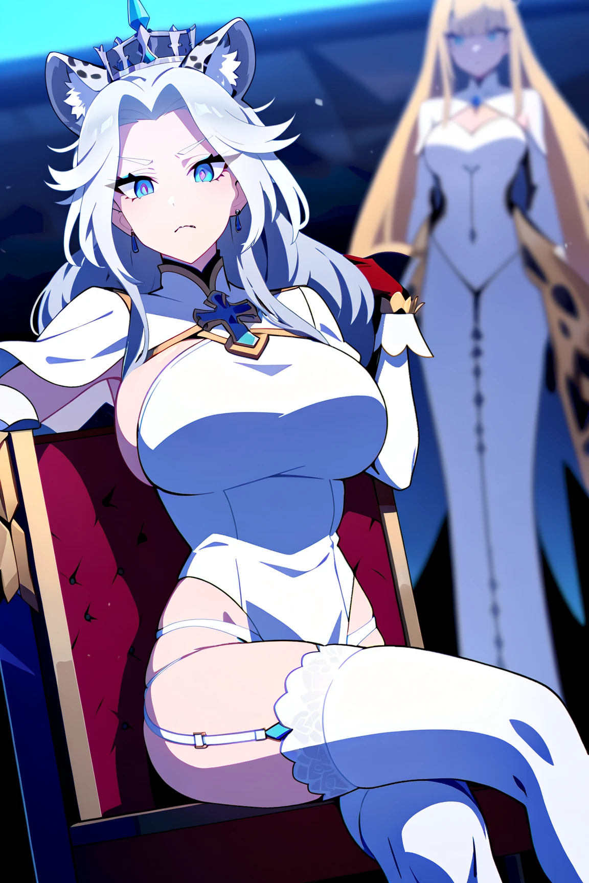 table top　High level image quality　best image quality　8K　 adult woman　whole body　portrait　pure white long gloves（elbow gloves）　　white long dress（slit）　white wolf ears  　short hair（（shortcut）（gray hair）（perm）（fluffy））　eye color is blue　attractive evil face（（smile）（ close your mouth））(Crystal chandelier)   balcony　sexy pose ,  both arm on chair , crossed legs style in detailed , sitting,  labrynth  , face focus , expensive high heels , legs close up view