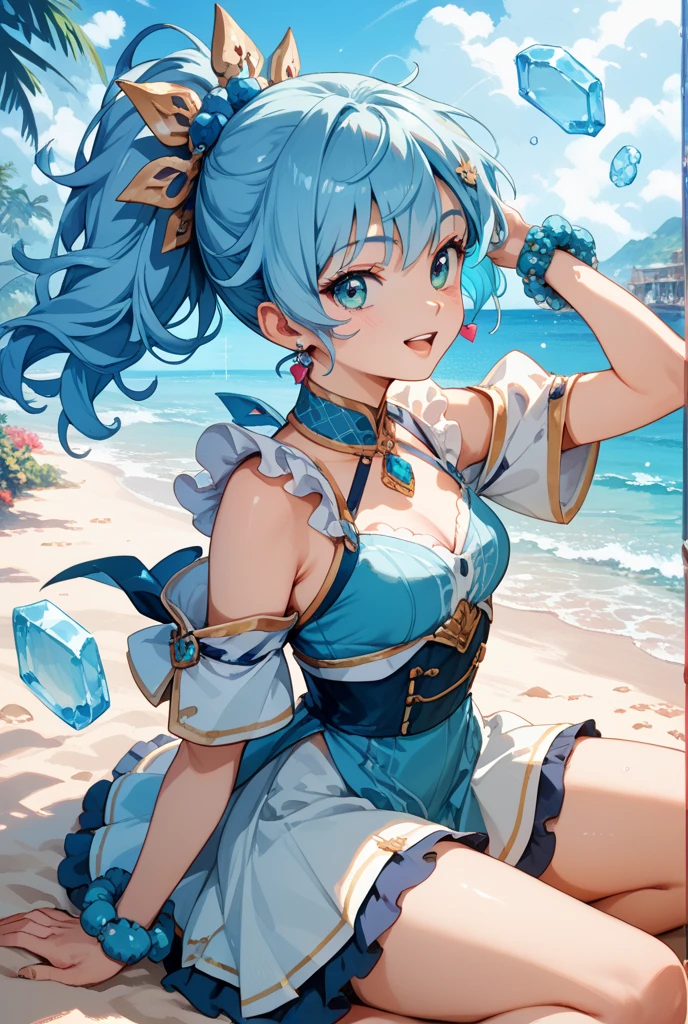 Anime Moe Art Style,Highest quality,High resolution,Anatomically correct,One Girl,Mid-teens,Girl with light blue hair in a ponytail,Very detailed,Fantasy-style world,Off-the-shoulder tops,mini skirt,Big Breasts,Rich expressiveness,Laughing with your mouth open,cave,Opening a treasure chest,Detailed drawn eyes,hair ornaments,necklace,bracelet,8k