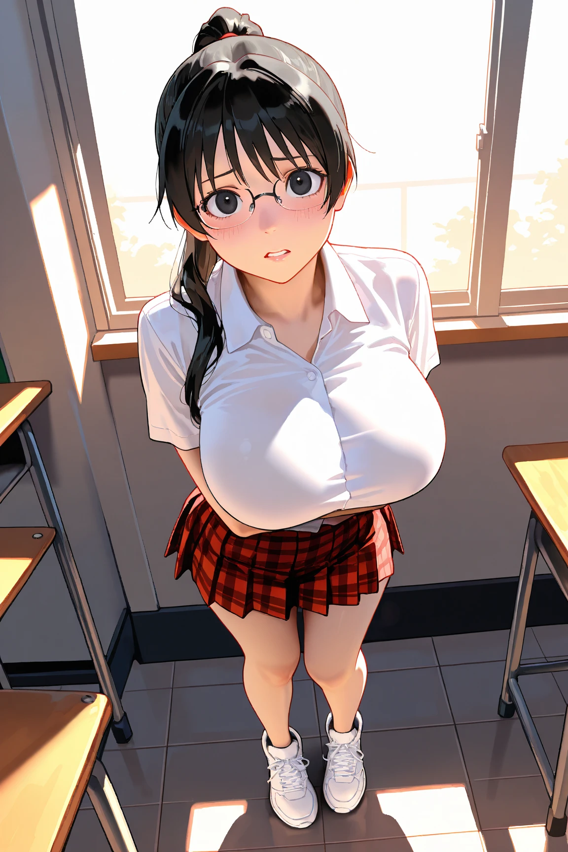 One girl, highest quality, Super detailed, masterpiece, Ultra-high resolution, 8k, Ridiculous, Cowboy Shooting, Focus on the girl, Embarrassing, blush, Lovely, Close one eye, With tears in her eyes and her mouth open, What saliva leaves behind, (arms behind head), (all fours),Classroom Background, (Tifa Lockhart)), (medium breasts), (sagging breasts),(huge nipples),(inverted nipples), (cum on nipple:1.2), Absolute area, Black knee socks, front shot