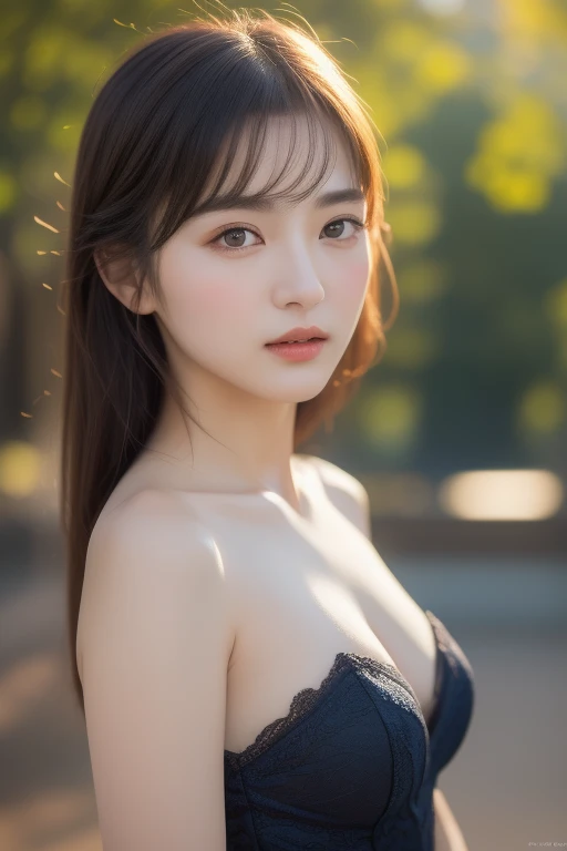 landscape, summer, night, forest, Campfire in one place, unmanned, Nobody, Starry Sky, HD detailed, Super detailed, movie, Hyperrealism, Soft Light, Deep focus bokeh, Ray Tracing, Hyperrealism. , アートステーション pixiv Gwise, Makoto Shinkai, ArtJam, 1girl, White tube top、Cleavage、Big Breasts、Short denim、Muscular thighs、masterpiece, 最high quality, high quality, High resolution, (((Face close-up)))