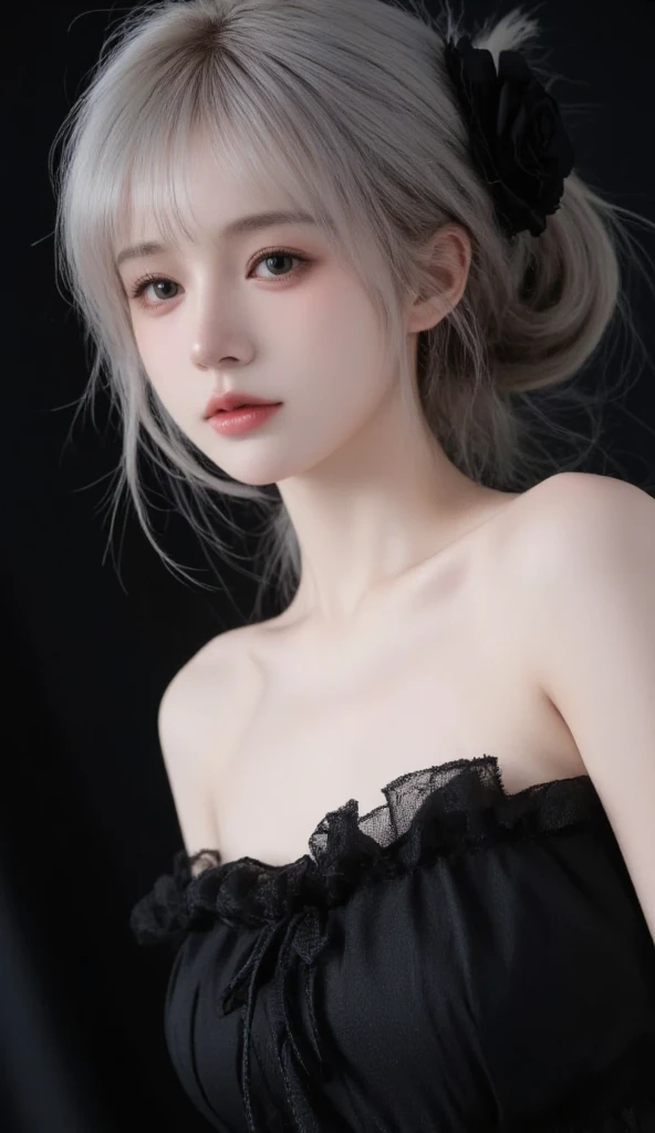 Highest quality, masterpiece, Ultra-high resolution, (Realistic: 1.4), RAW Photos, 1 Girl, Shiny skin, (Ultra-Realistic Details)), Portraiture, Global Illumination, Shadow, Octane Rendering, 8k, Ultra Sharp, big, South Korea details, Very intricate detail, Realistic Light, CGSoation Trend, Purple eyes, Glowing Eyes, To the camera, Neon Details,(Lighting on face:1.5)),((Delicately depicting the face:1.2)),((Silver hair color:1.4)),((Very short bob hair:1.2),(((Completely naked))),(((nsfw))),((Small breasts:1.4)),((Fair skin:1.4)),((Black Background:1.4))