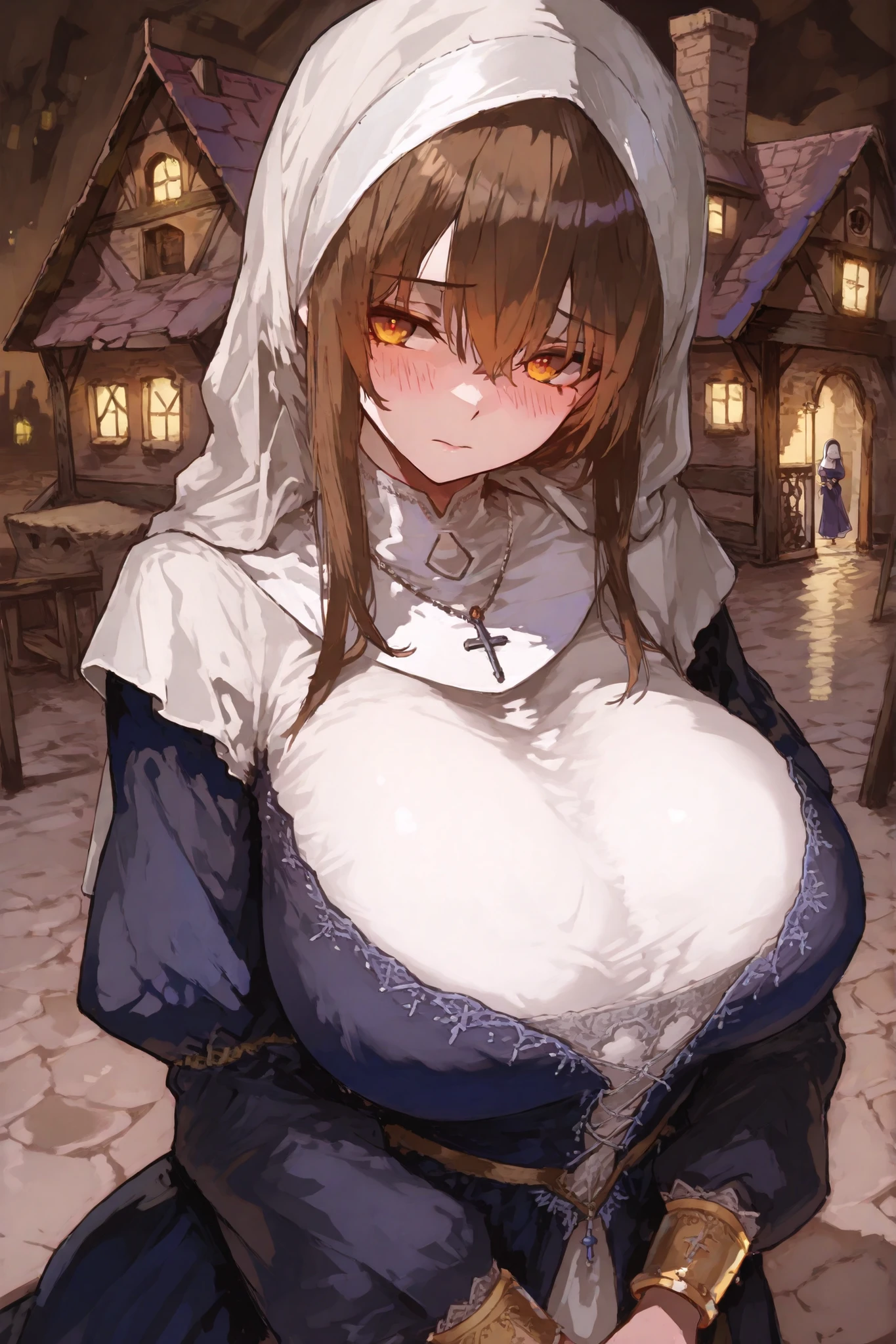 (a girl in front of a giantess girl: 1.1), (2girls:1.7), (a giantess looking down at a girl), (a giantess hugging a girl: 1.2), (medieval adventurers bedroom: 1.2), (medieval room indoors: 1.2), (giantess:1.2), (:3), (yuri hugging:1.5), wizards robe, robe, cleavage, very detailed, beautiful, professionally drawn, (huge breasts), (cleavage sweat), (anime drawing:1.1), sketch, (anime:1.1), (very cute anime girl), (bright), (low contrast), collarbone, (:3), (prettiest teenage girl), (mature face: 1.4), (tall girl with big breasts: 1.2), (very happy:1.2), (heart symbols: 1.3), happy, (scared minigirl)
