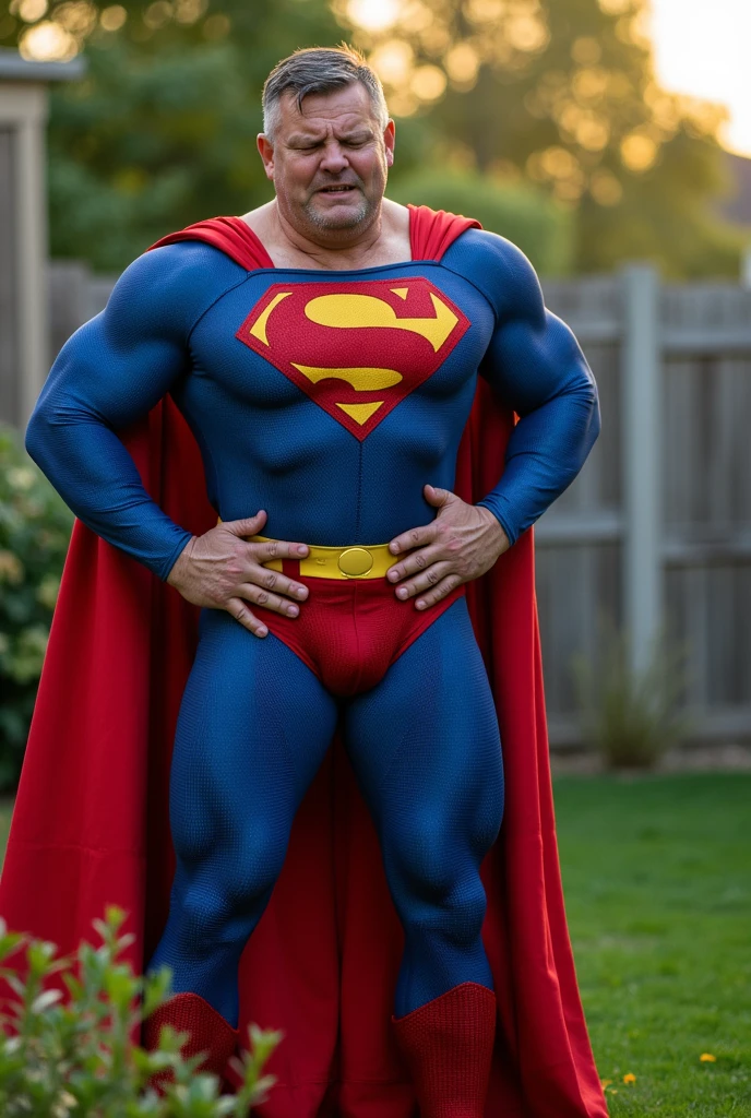 full body pose of superman old, addicted to crack and Methamphetamine, heavy addiction, teeth missing, grey beard, going bald, bad skin, sores on his face, no muscles, Malnutrition, his superman outfit looks dirty, his cape is torn and dirty, superman is a filthy crachead sitting at a bus stop begging for money