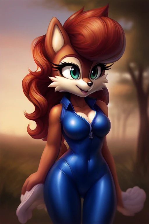 Sally Acorn, curvy figure, bodysuit, beautiful, realistic, two-toned fur, body fur, curly hair, green eyes, brown fur