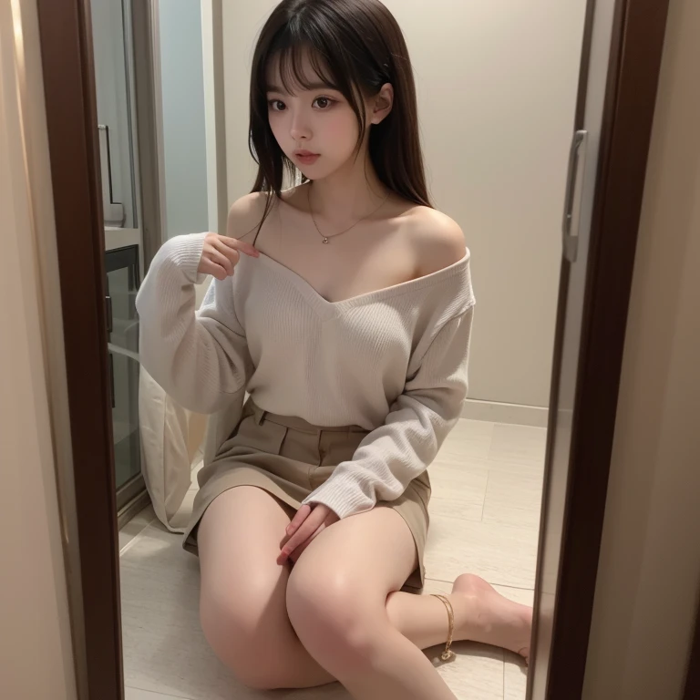 ((of the highest quality, 8K, masutepiece: 1.3, Raw photo)), Sharp Focus: 1.2, (1 AESPA Girl :1.1), Solo, (Realistic, Photorealistic: 1.37), (Face Focus: 1.1), Cute face, hyperdetailed face, (short messy hair: 1.2), updo, Small Smile, Small breasts, flat chest, nude, (Neat silk dress, Thigh: 1.2), office lobby, table, book