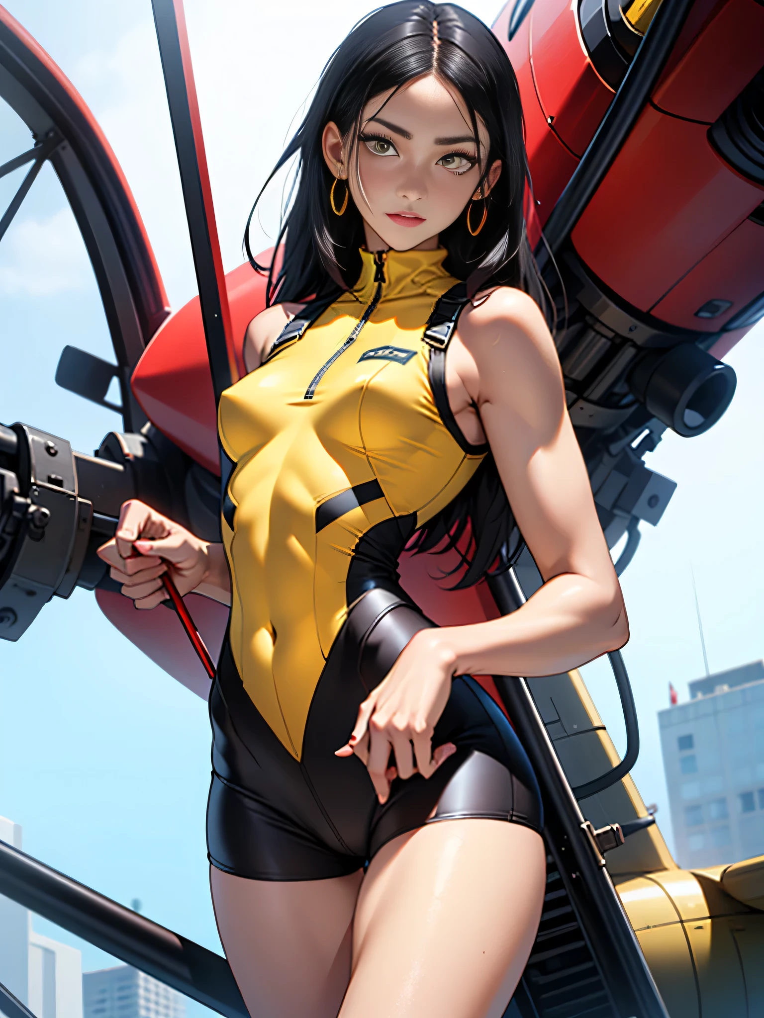 1 girl, black hair, yellow eyes, very long hair, pale skin, fit body, slender body, slim waist, large breasts, (confident expression), pilot suit, thigh gap, bare thighs, sleeveless, show bare legs, fit thighs, sitting in a cockpit