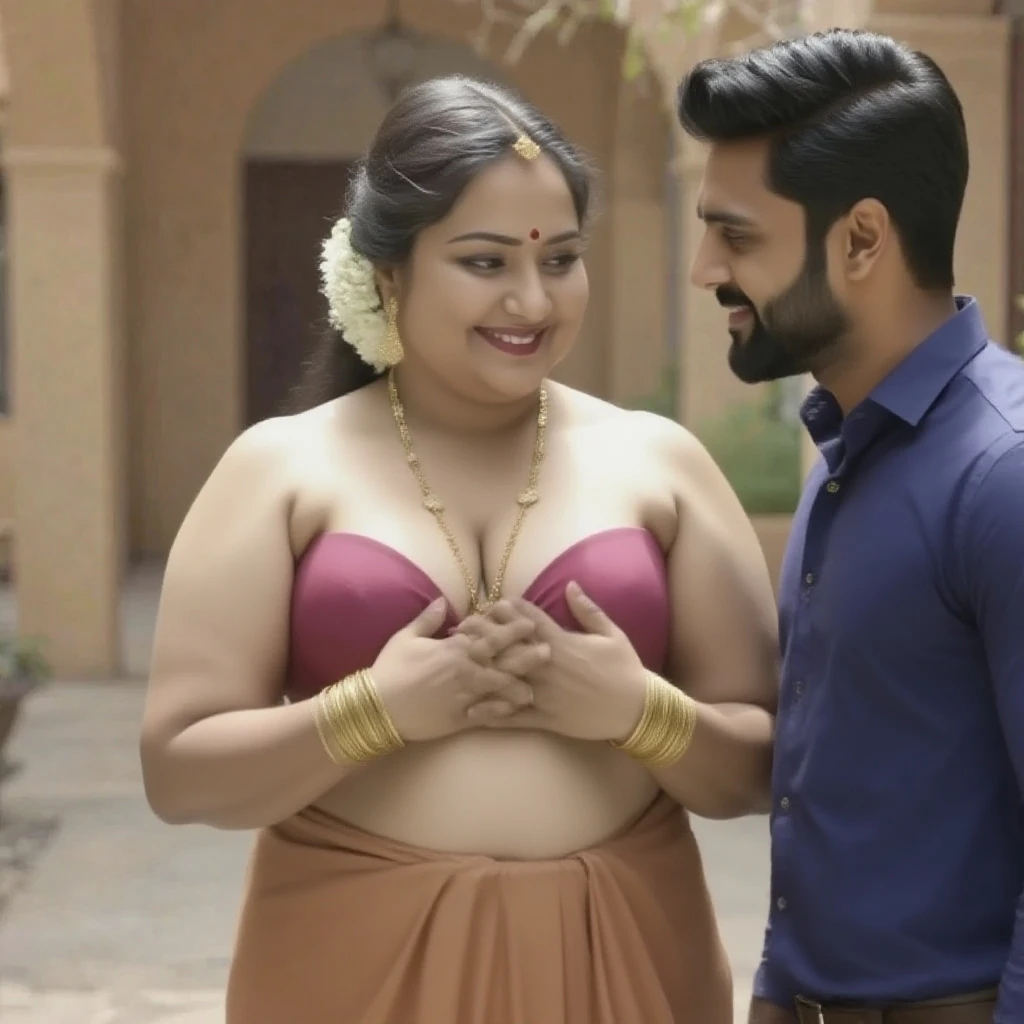A radiant, full-figured South Indian 25 year old girl wearing a black saree tenderly hugging and kissing a jubilant 35-year-old man while laying on bed, captured in a full-body image with vibrant hues and meticulous details. Full body image