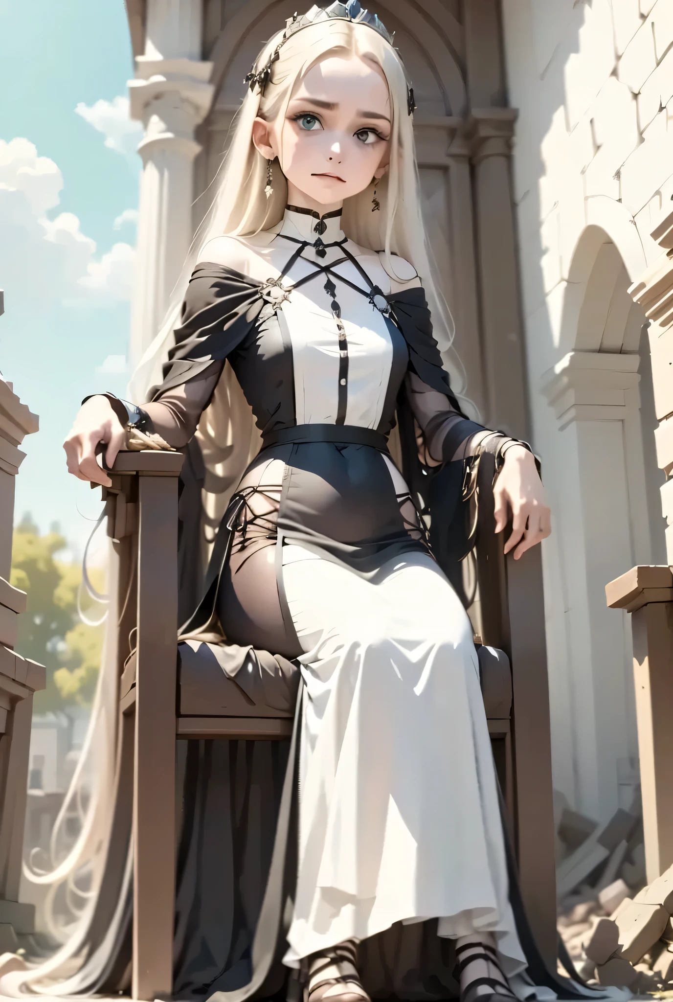 Throne Among the Rubble An elderly queen sits on a throne made of rubble and statue remains, while the apocalyptic sky looms behind her. Her gaze is proud, her cloak intact.