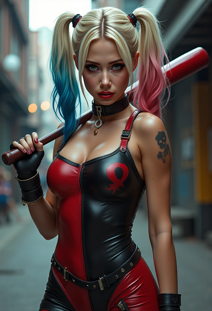 ((Harley Quinn from the Batman comic series)) (Hermoso rostro)(ojos brillantes)(labios rojos) ((peinado de colas muy largo con flequillo lateral)) (very pale skin) (((pechos muy enormes))),escote muy grande, senos transpirados, (cuerpo perfecto) (Lleva una camiseta sin mangas blanca rasgada), (Black and red low-cut shorts)) (guantes, belt, gargantilla, medias de red negra),((Hold baseball bat in hand))(posing sexy in abandoned factory)), (High Definition, Incredible lights and shadows) ((Obra maestra)) (8k) (cara perfecta) (mejor calidad) (manos perfectas, eyes, y cara)
