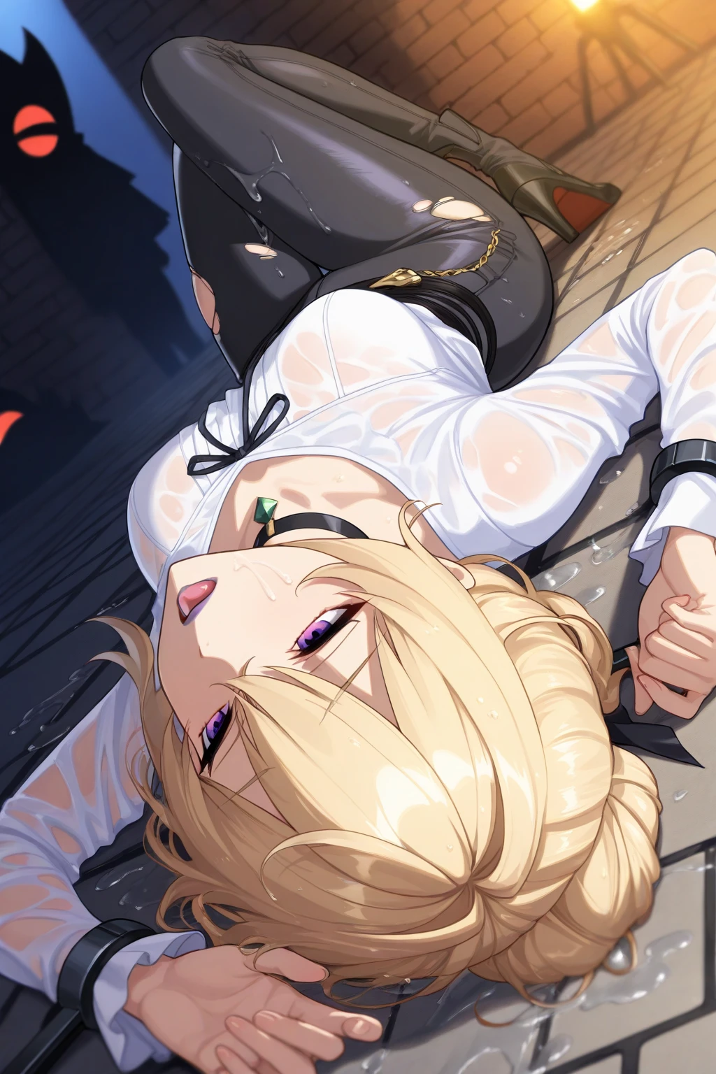 ((Asuna)), long hair, torn clothes, she is kneeling on the table, her legs are under her, her feet are visible, her vagina is open, and she sticks her ass out , there's a dildo sticking out of her anus , naked tits, urine pissing, (multiple views:1.2), crying, pain face, her panties are hanging on one leg,,((close feet)),((fishnet socks)), ((spread anus))