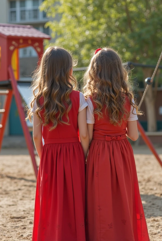 (2 girl) ((cute dress)) (summer dress) (slender body) (thin body), (blonde hair) (black eyes) (white skin) happy and confident expression. full body, European girl, ((Location: park)) long hair, (standing in the background), short girl, long straight hair, thin legs, flat chest, flat breasts. (happy, smile, cheerful), wearing red backpack, rugsack, (backpack:1.2)