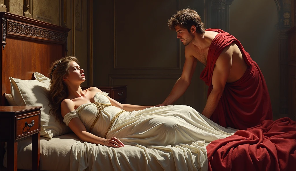Ancient Rome, setting: Augustus's luxurious bedroom, character: Augustus lying in bed looking pale and weak, character: Livia Drusila, dressed in an elegant Roman tunic, standing beside him, expression: worried but determined, lighting: dim, dramatic shadows, historical accuracy: high, mood: ominous, tension-filled atmosphere.