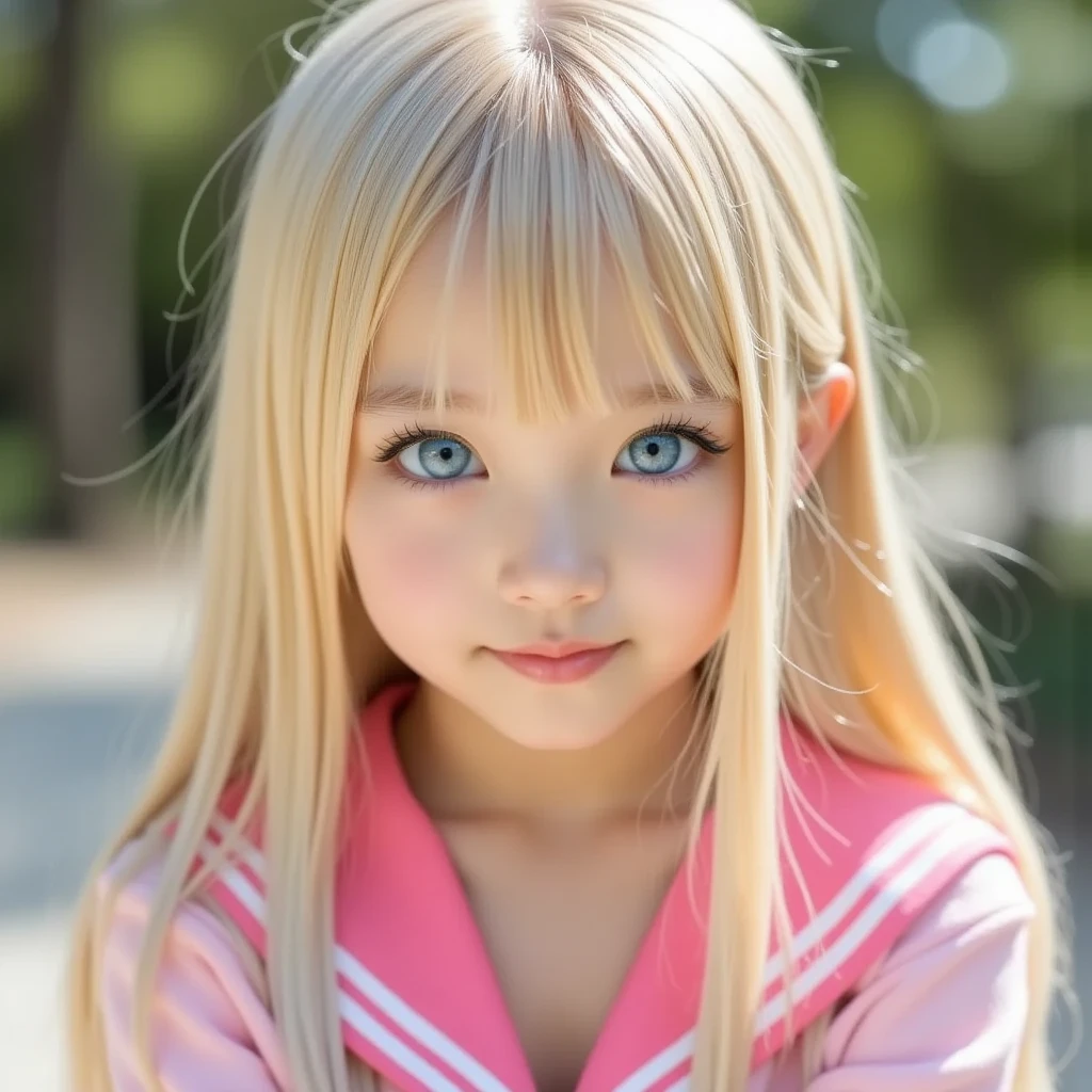 shiny skin、 Very cute and beautiful face、Very shiny and beautiful skin、very beautiful and cute pale blue eyes、beautiful very long shiny silky blonde hair、(10 years old)、one small very beautiful cute girl、Beautiful cute bright look、Clear double eyelids、((Very happy smile))
