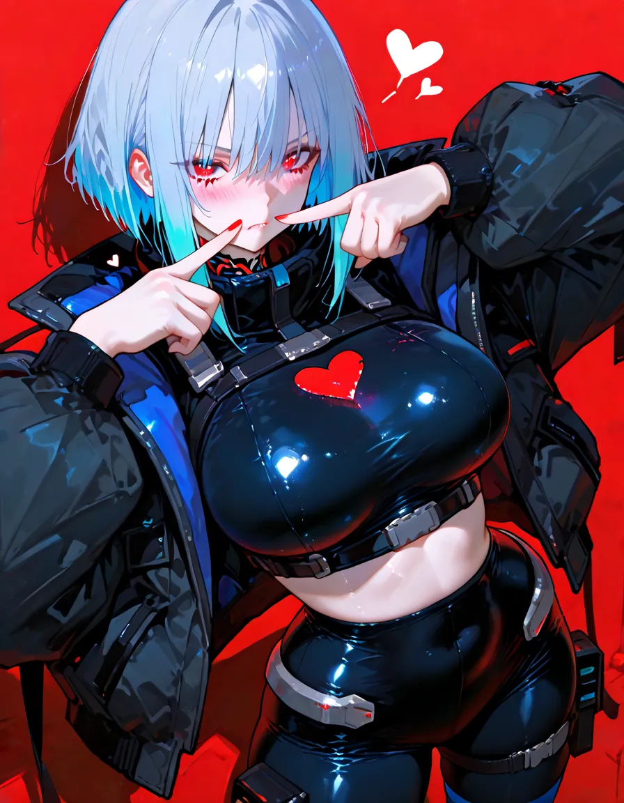 best quality,masterpiece,HDR,UHD,8K,masterpiece,Highly detailed,1girl,short hair,(upper body:1.1),detailed face,simple background,dress,medium size breasts,bare shoulders,girl,solo,blonde hair,twintails,jacket,short shorts,pantyhose,torn pantyhose,crop top,torn clothes,blood,clothes writing,makeup,blue eyes,eyeshadow,blue hair,midriff,navel,gloves,fishnets,multicolored clothes,belt,bracelet,spiked bracelet,multicolored hair,collar,graffiti, huge gigantic boobs, big juicy lips, Harley Quinn white face make up,