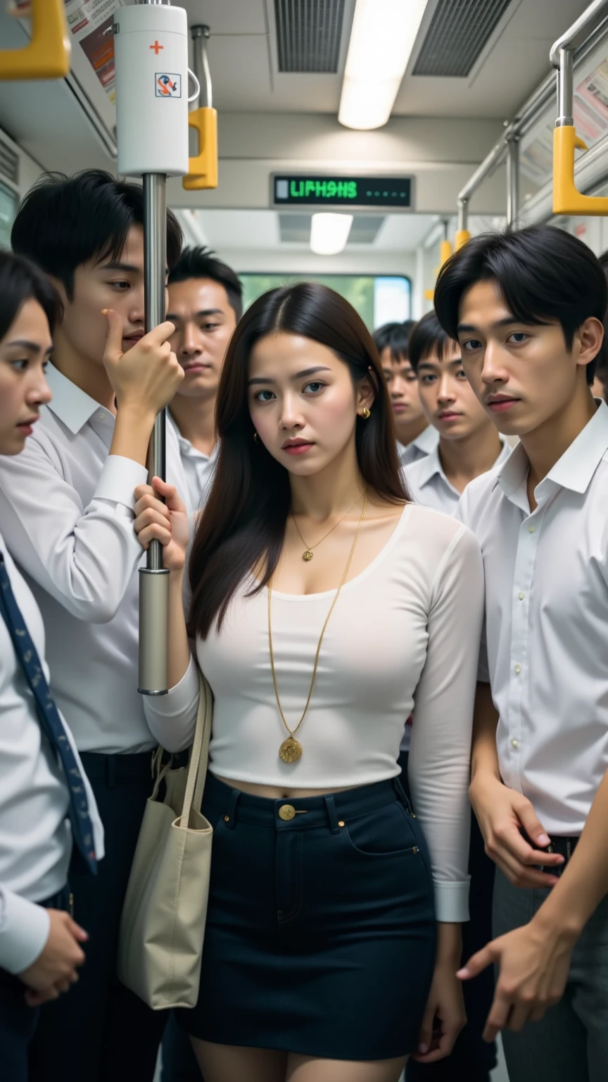 Belgian-Indonesian couple, beautiful 21 year old woman and handsome 23 year old man, deeply kiss each other, and the man holds the woman's neck and breast, (the woman's mouth is open with a pleasant expression:1.3), updo hair style brown colour, medium breasts, tempting cleavage, standing inside a crowded train, (the woman is office worker wearing blouse,pumps), the man wearing suit white shirt and black trousers, (Inside a crowded train:1.9)