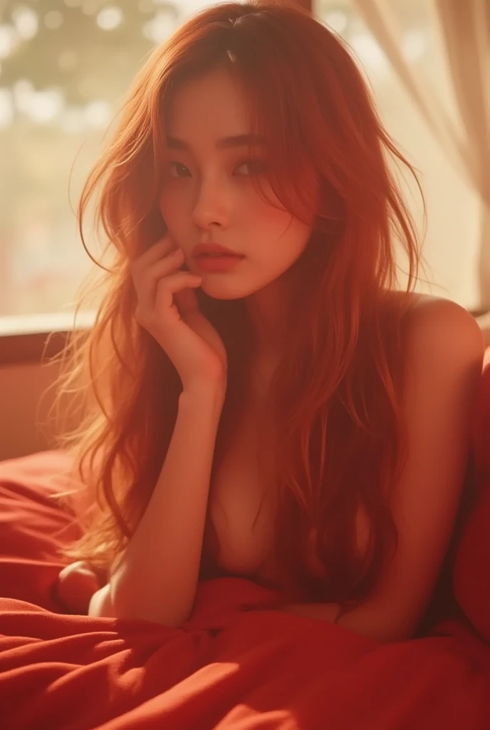 Photo, Real Life, Golden sunlight streams through a bedroom window, illuminating a beautiful Japanese idol woman on her bed. She lies effortlessly, her sheer silk nightgown clinging to her curves, accentuating her ample breasts and perfect figure. Her reddish brown hair is disheveled, wet strands framing her bright flushed cheeks and pouty red mouth. Cinematic lighting accentuates her moist skin, damp clothes, and every detail of her outfit, hair, and face. She looks straight into the camera, striking a dynamic, seductive pose, as if inviting us into her intimate moment.