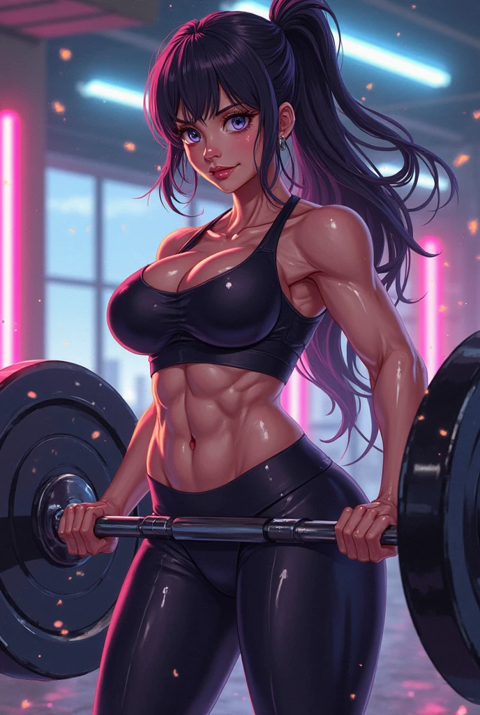 the bulletbillzette , and a girl with dark skin, athletic body, huge breasts, long black hair, straight bangs, crimson red eyes, wears a short tank top, showing off her abs, holding a bottle of water, with the other hand on her waist , standing, 1 girl, perfect anatomy, pretty face, perfect hands, no extra arms or legs, 4k resolution, simple background.