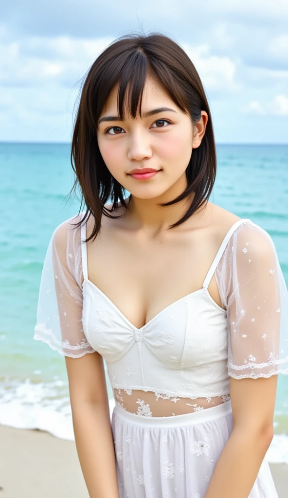Innocent Japanese girl,High Teenager (Detailed body,the bust is small,are small,Constricted waist,big breasts thin waist,Larger hips,Thick thighs) (detailed photo composition,sand beachに背を伸ばして立っている,FULL BODYSHOT,full body shot,Shot straight ahead,Standing,I'm looking down) (A detailed face,elongated facial contour,a little bit smile,Sharp cheeks,Round chin,neat nose) (A detailed eye,Looking at the camera,skinny cheeks,Round chin,Slender eyes,Beautiful eyes,Dark blue eyes) (Detailed hair,Bob cut hair,a little brown hair) (detailed costume,Transparent light blue short sleeve blouse,Fluttery white mini skirt) (Detailed shooting location,beach,sand beach)
