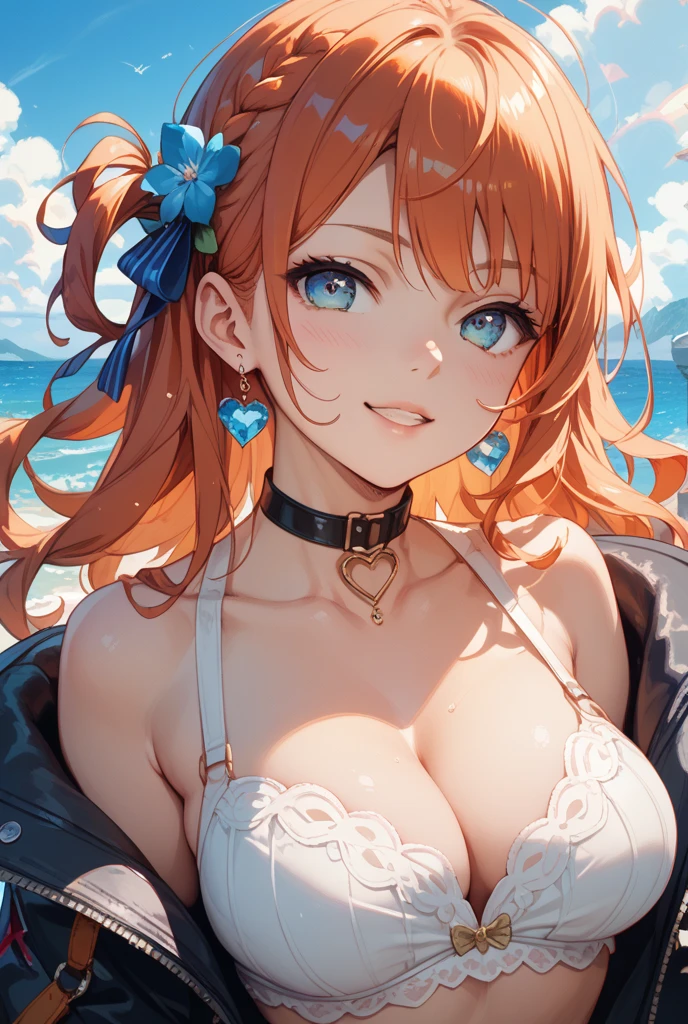 (masterpiece), best quality, expressive eyes, perfect face,1girl,EPpkSonia,orange hair, side ponytail, aqua eyes, long hair, eyewear on head, sunglasses, heart hair ornament,beach cafe,soft shadows,mind control,hypnosis app,heart-shaped pupils,blush,big breasts,cleavage,smile,string bikini