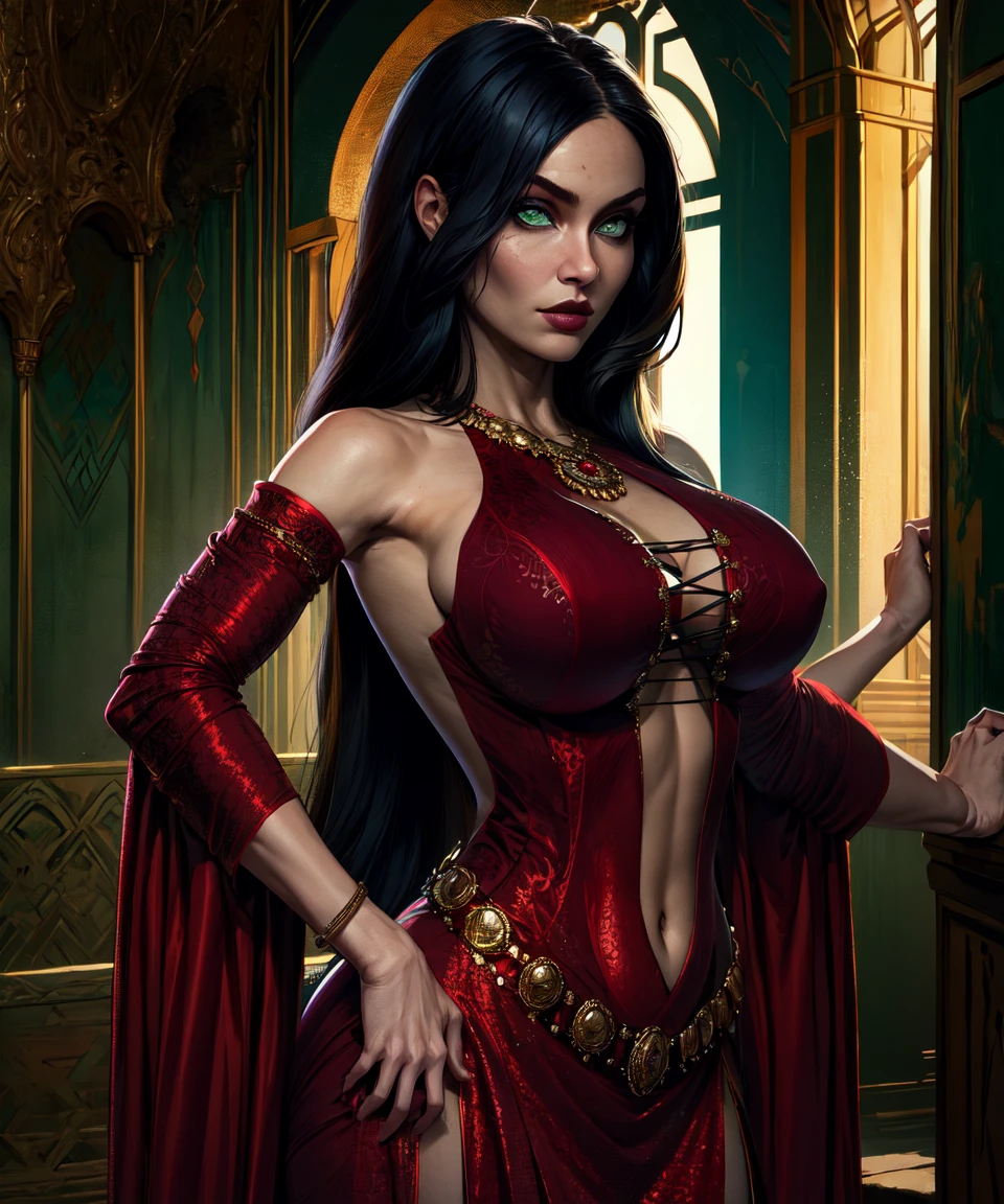 sorceress. sexy red robe, black panties, black hair, blank background