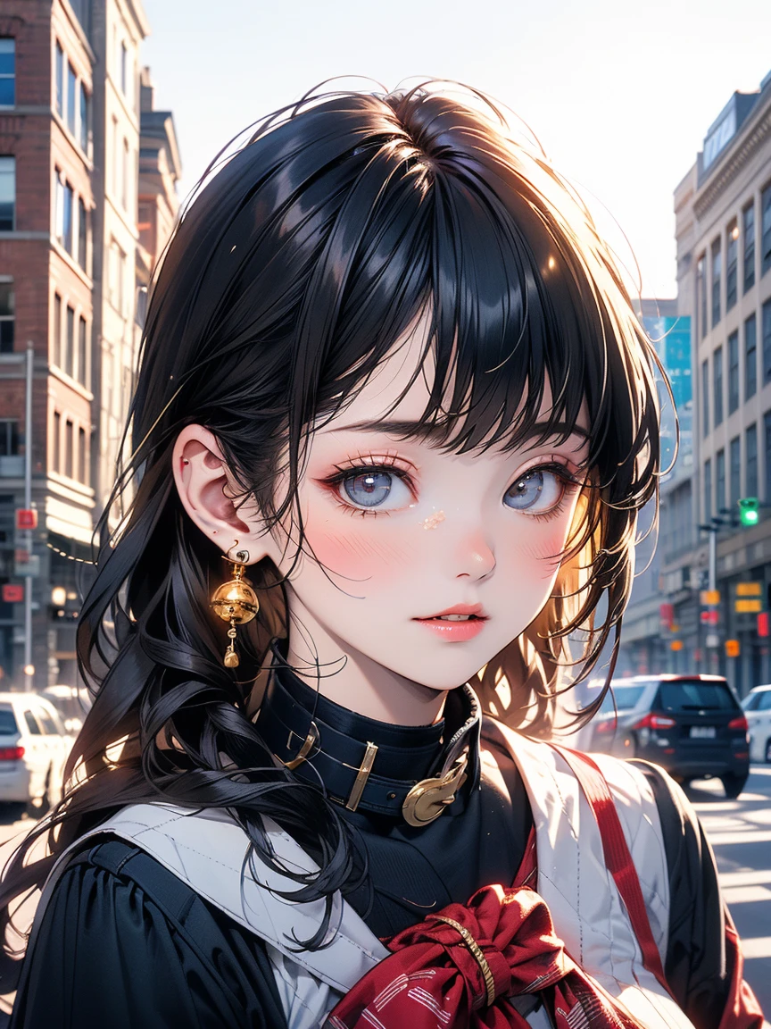 (cute girl, shiny jet black hair:1.2, very short straight hair, blunt bangs, bob cut, bright rosy lips, sparkling eyes, gently smile, head tilt), drooping eyes:1.2