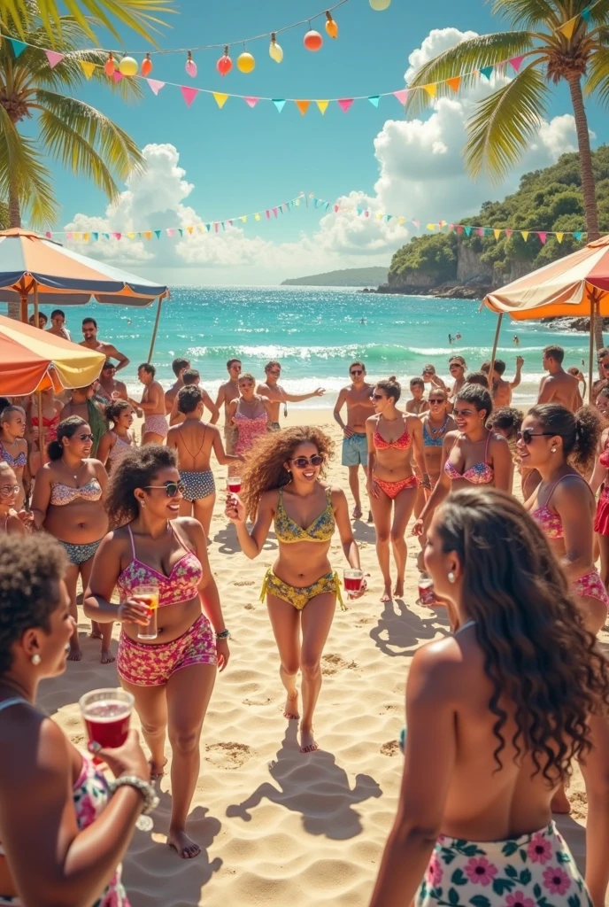 Magnificent detail, 8K Photos, hyper- realism, realistic background, visual depth, wide angle lens, professional light. {The scene shows a short sensual woman 169cm, delicious black mackerel, of braided hair, adjusting her super small yellow bikini on Copacabana beach.} 5 men are admiring the woman's sensuality and caressing her.