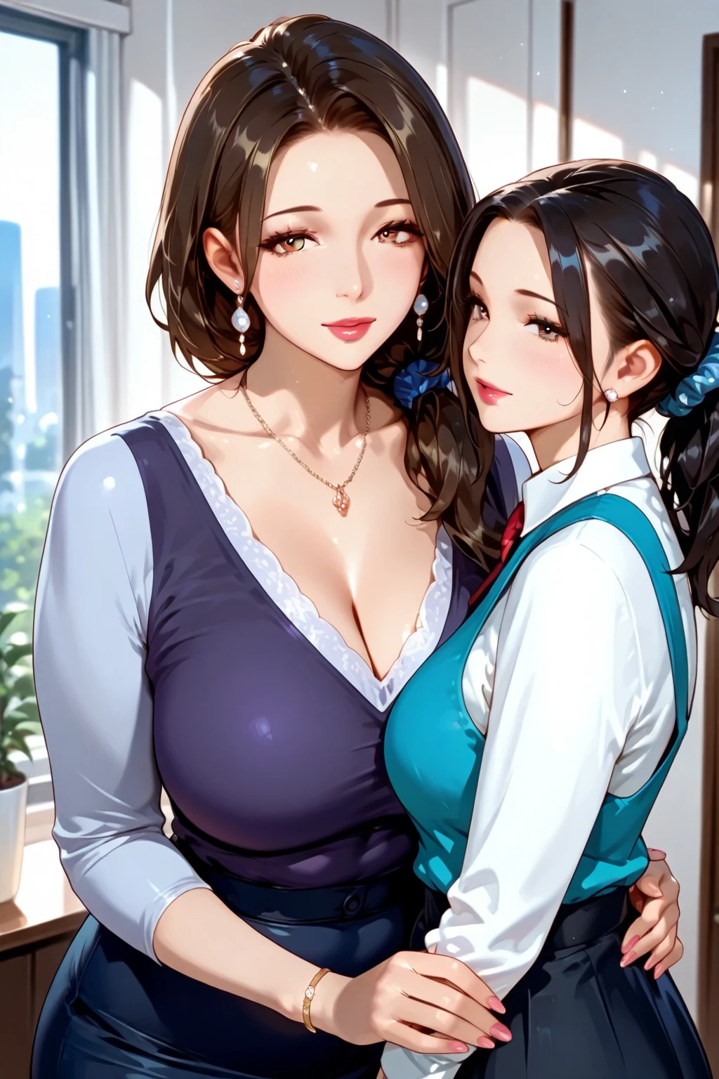 (colorful adult Magazine cover with lots of text)，(close-up:1.2)，pajamas， 1girl，Grasp by hand，(mother and son:1.5)，(kiss:1.2)，(A ten-year-old boy:1.4)，(hug)，(1boys:1.6)，{26-year-old lactating woman},drunken eyes,Side Chest,open at the chest,disproportionate breasts, Nipples standing up,sweat,((Sleeveless,sensual low-necked , open neckline:1.3)),{hairbuns，Women's hairstyle}, (areola:1.4)，Ultra-fine face, detailed eye, Double-fold eyelids，ssmile，pervert