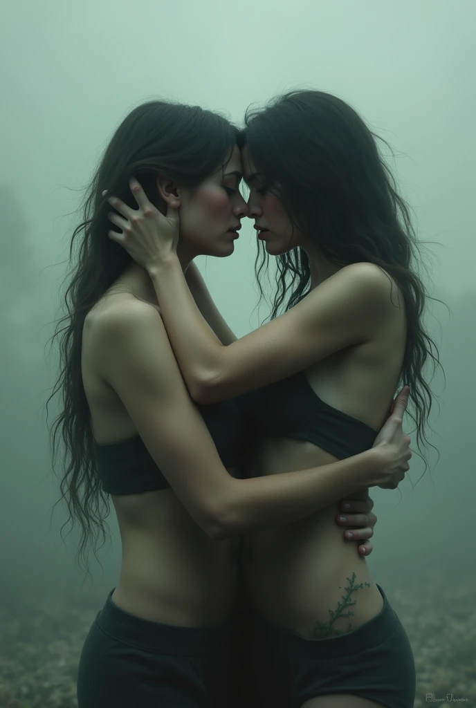 Horror-themed nude horny explicit woman  kissing her horny girlfriend . Eerie, unsettling, dark, spooky, suspenseful, grim, highly detailed