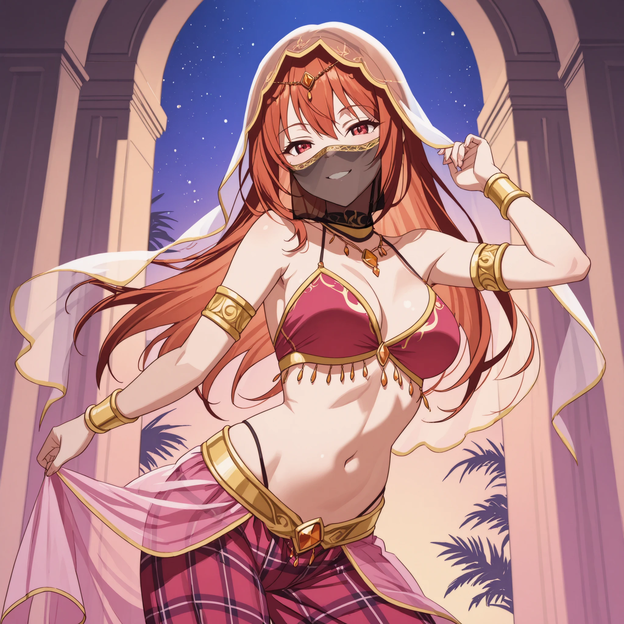 1girl:1 . 5) , (Seul:1 . 5) , score_9 , score_8_haut , score_7_haut , source_anime , Official work , ultra-detailed , masterpiece , best quality plaid shorts , high res , beaux yeux , detailed eyes , Detailed Face , beautiful detailed eyes , Claasroom of the elite,Karuisawa Kei, Arabian Dancer ,belly dancer costume , face veil, veil , golden jewelery,harem outfit, harem skirt, harem pants, belly dancing, harem veil , night , arabian garden , seductive smile, dancing with veil, dynamic movement, sexy pose