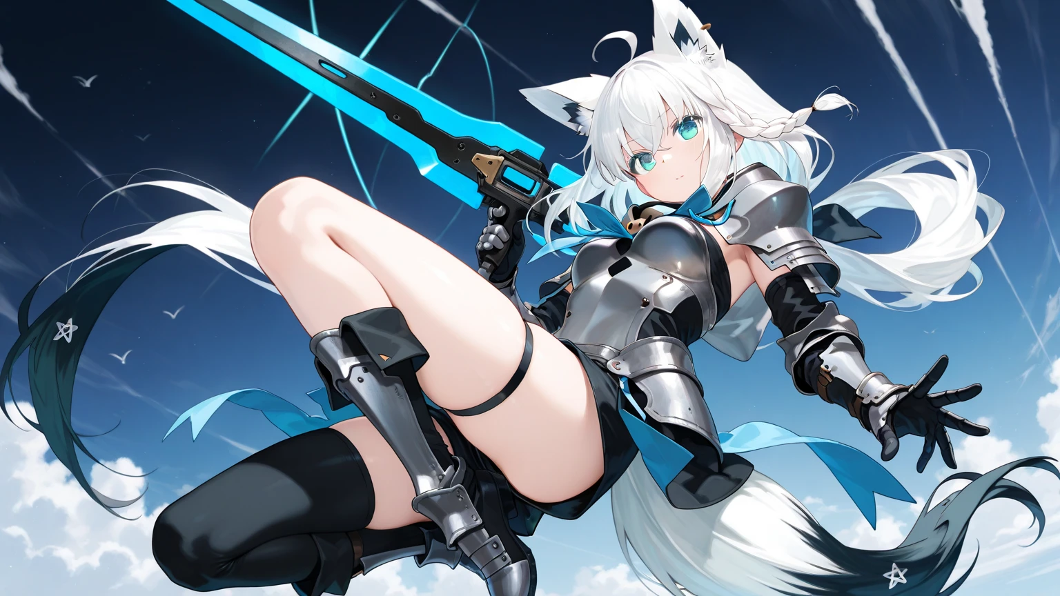 A long silver-white hair,Girl with crystal blue eyes,She wore a tights that looked like a combat suit,Places such as wrists and knees are hard-looking armor,There is a white cat hair card stuck in his hair,A long dark black knife,A silver-white big sword was held in his hand