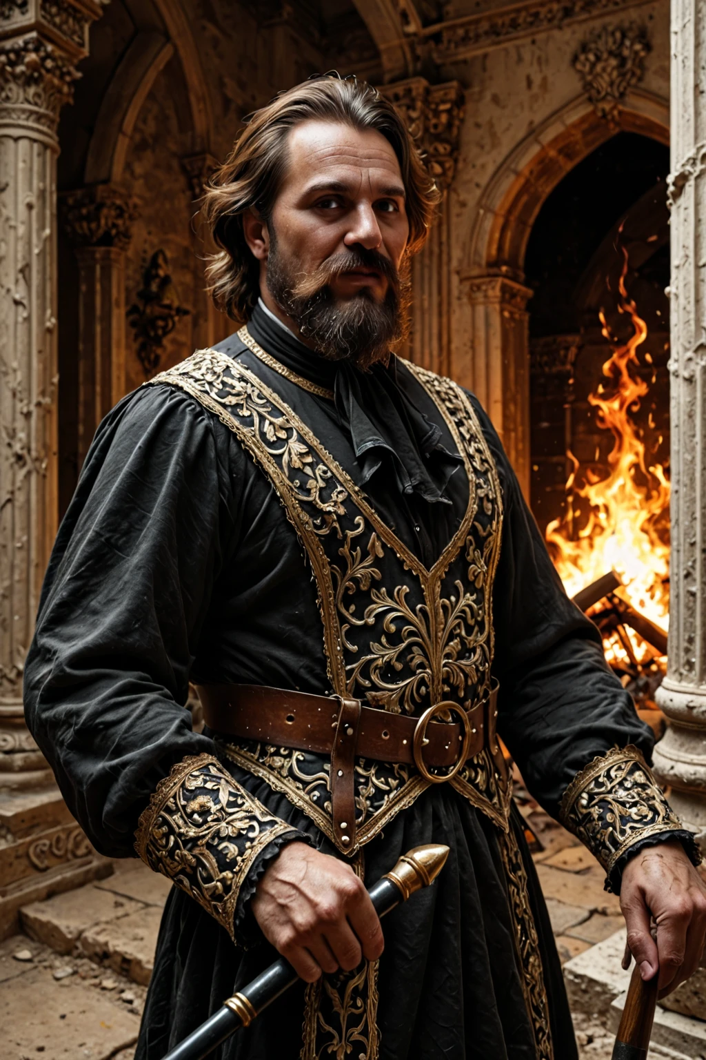 Ultimate Masterpiece、top quality、Oil painting、Rembrandt style、Thick Brush Strokes、A young aristocrat man with a dignified and firm expression、Half Brad Pitt and Johnny Depp Style、（Extended Beard）、（Extended Mustache）、tousled hair、Long saber with lowered hand、（dirt、Pain、Worn、tattered、dark red aristocrat costume decorated with retro gold embroidery：1.2）、（Standing in a palace shrouded in flames that collapsed in war：1.3）、Medieval Netherlands、Heavy Oblique Painting on the Background that Seems to Fall Off the Wall、Flames burning like wrapping around a painting、Carved Marble Pillars、Burning Romanesco Wall、The war outside the window、Full Body、Feeling out of place、Doomsday Feeling 、rich dull colors、high contrast、Darkness、明と暗を捉えたRembrandt styleのライティング、Wide-angle camera work focusing on men、Academy Award Winning Film