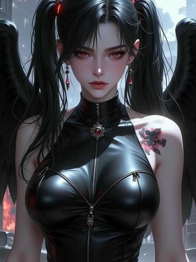 1 beautiful devil woman from hell, In the Dark: 1.6), surreal female portrait by David Hockney and Alphonse Mucha, fantasy art, korea doll, photorealism, dynamic lighting, artstation, poster, volumetric lighting, very detailed faces, 8k ultra, Awarded, in the dark, deep shadow, low key, cowboy lens, (Red phoenix dress: 1.4), long hair, black hair, bust, luxurious palace, Royal style, devil crown, red eyes make up very sharp and detailed, The most beautiful face, The breasts are very big and round and round, Super realistic, chinese women's clothing, polo neck sweater, Charming smile, The eyes are very well made up, guweiz, devil style, wearing black mesh socks, Ponytail with a bow tied at the back of the hair, Red black lips, Devil tattoo on shoulder, wearing a thin red and black robe, the landscape is overcast and thunderous, (Portrait), Close-up of the main character, (Background details 1.8),