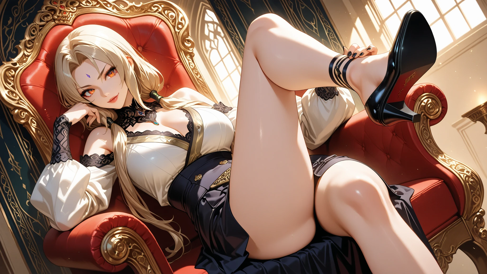 extremely detailed CG unity 8k wallpaper, masterpiece, dynamic shot, dynamic angle, multiple characters, multiple females, queen and multiple maids, queen on a throne surrounded by maids, queen sitting on a throne, maids kneeling, legs spread, kissing, hand between legs, scared, bdsm, bound, bound to the throne, bondage, tied, bounded, shibary, passionate, dynamic shot, dark, low light, high contrast light, from above