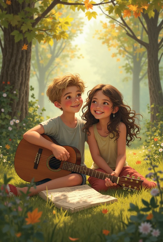 painting of two cheerful, lively, happy, celebrating children, sitting on a wooden platform on the clay floor, playing guitar in a forest, 3d drawing of friends, by Craig Davison, by Elaine Hamilton, playing little viola, by Orshi Drozdik, in the style of Shrek movie, animated film still, 3D animated film still, adorable disney pixar digital painting,  by Eugeniusz Zak, cute art, by Nándor Katona, masterpiece, high quality.