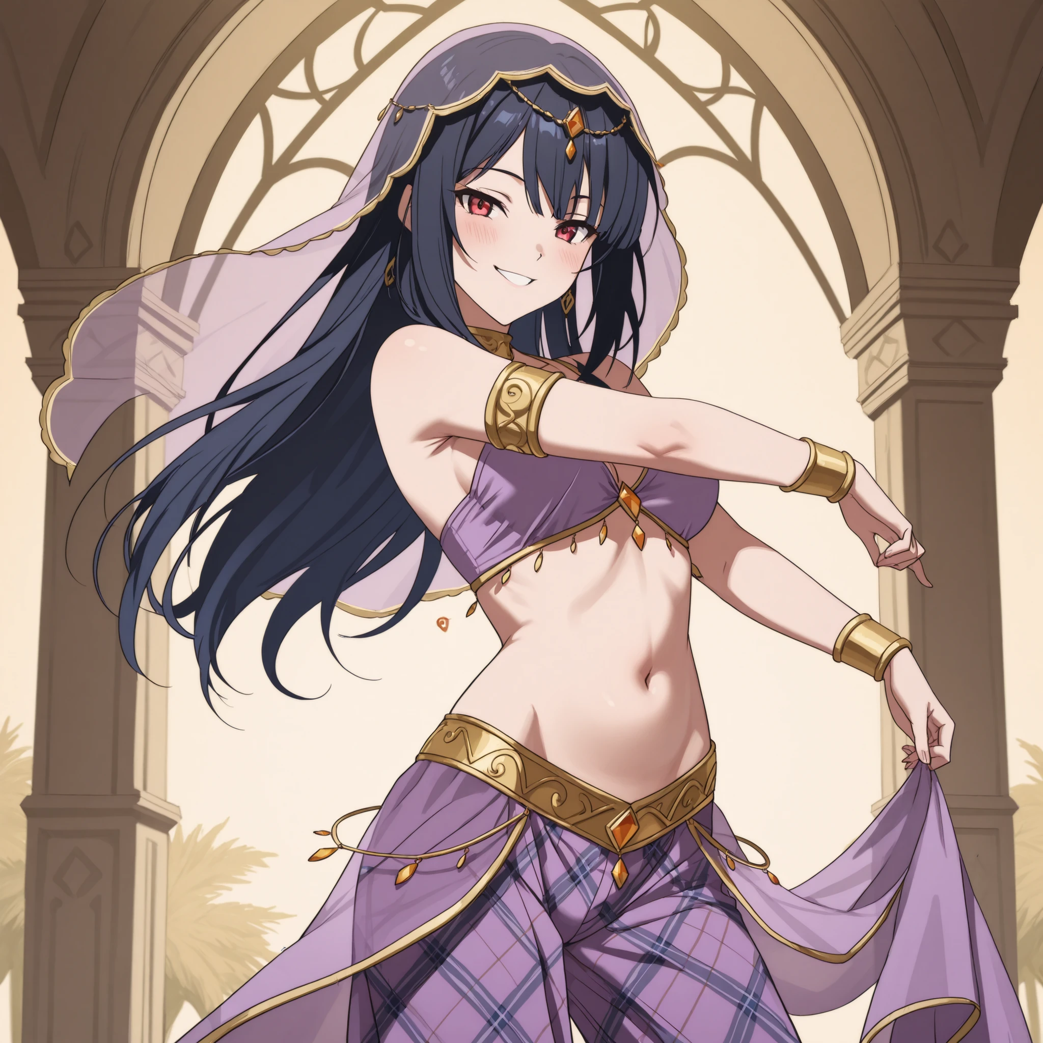 1girl:1 . 5) , (Seul:1 . 5) , score_9 , score_8_haut , score_7_haut , source_anime , Official work , ultra-detailed , masterpiece , best quality plaid shorts , high res , beaux yeux , detailed eyes , Detailed Face , beautiful detailed eyes , Claasroom of the elite,Karuisawa Kei, Arabian Dancer ,belly dancer costume , veil , golden jewelery,harem outfit, harem skirt, harem pants, belly dancing, harem veil , arabian garden , seductive smile, dancing with veil, dynamic movement, sexy pose