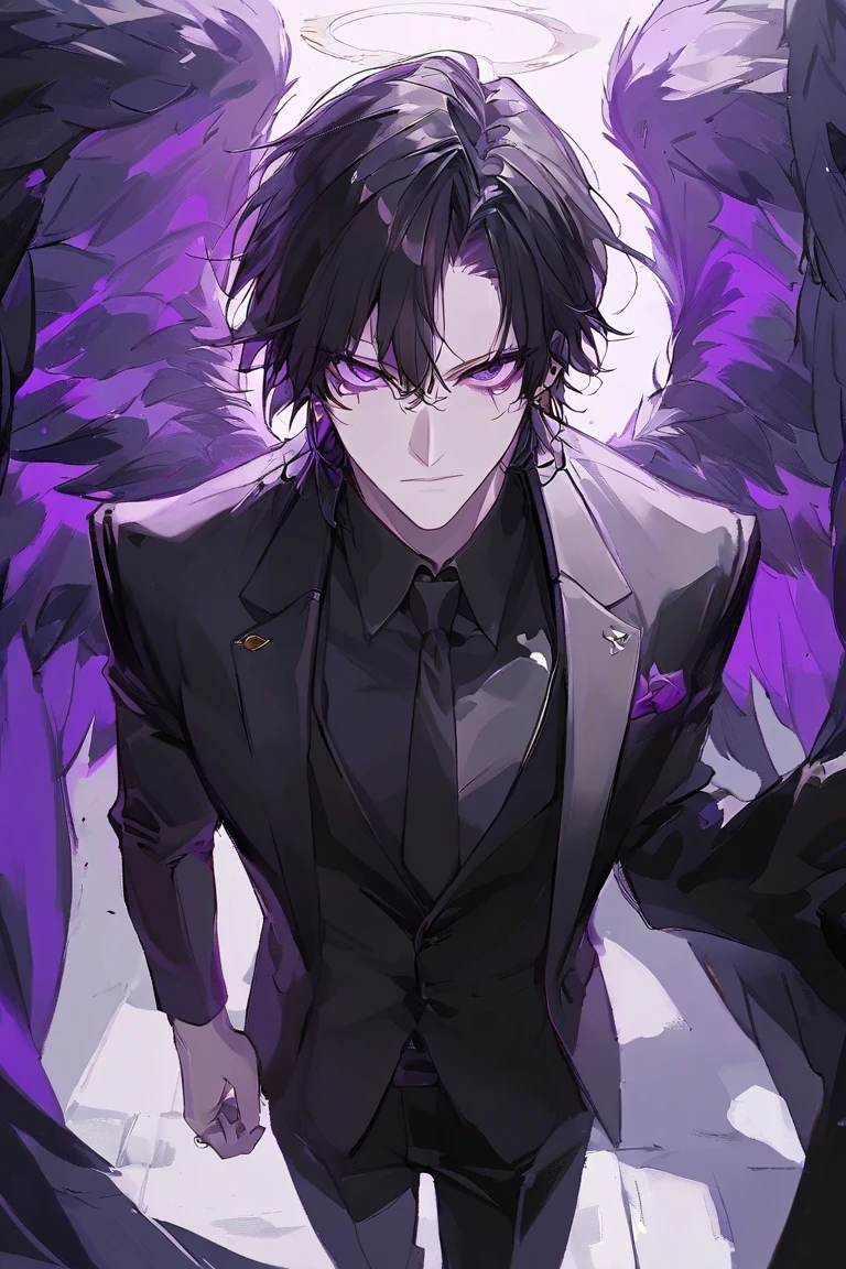 "1boy, 20 year old Boy with black hair , white iris ,complete black eyes,dark purple energy coming right eye. Short black school unbuttoned blazer with school logo,white shirt,black tie with logo,black pants,and sneakers,dark aura , serious expression,hands in the pocket,black dragon spirit, portrait 1:2, visible side profile"