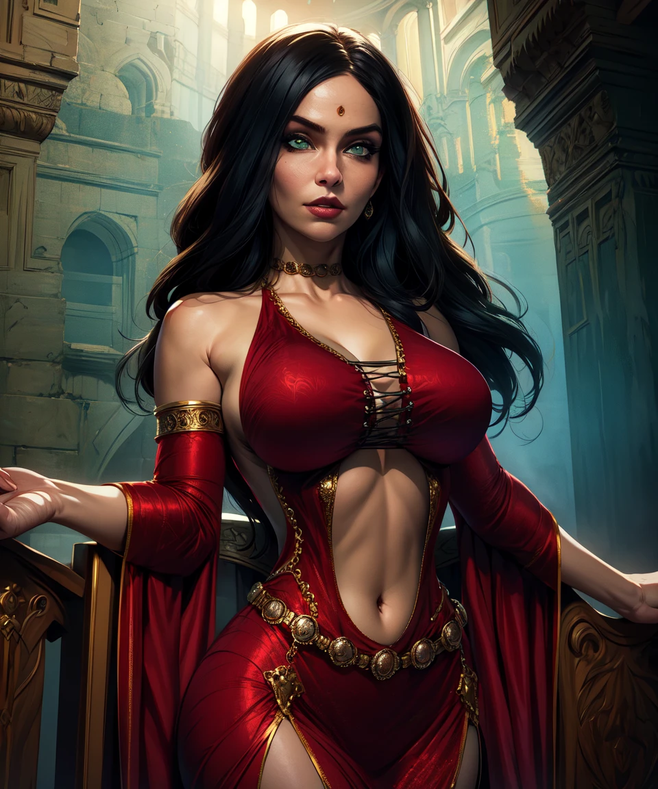(meticuloso) (Art germ:1.1), (Detailed pubic hair), (medieval exotic), (high priestess, high priestess), (temple:1.1), (wild side), (burnt ocher skin), (Intricate facial tattoo for brown wavy hair 1.3),(Beutiful women), (Be expressive:1.1), (Fearless:1.1), (fiery red dress), (Strong physique), (with a determined look in his eyes), (courageous expression), (The skirt has delicate wavy patterns), (8,000 pixels excellent image quality), (Vibrant colors), (cg art), (Detailed texture), (A wild and exotic atmosphere), (Mysterious temple setting), (Art Nouveau style elements), (Ancient rituals), (dramatic lights), (etherealglow), (majestic columns), (The symbolic meaning of), (Charming composition)
