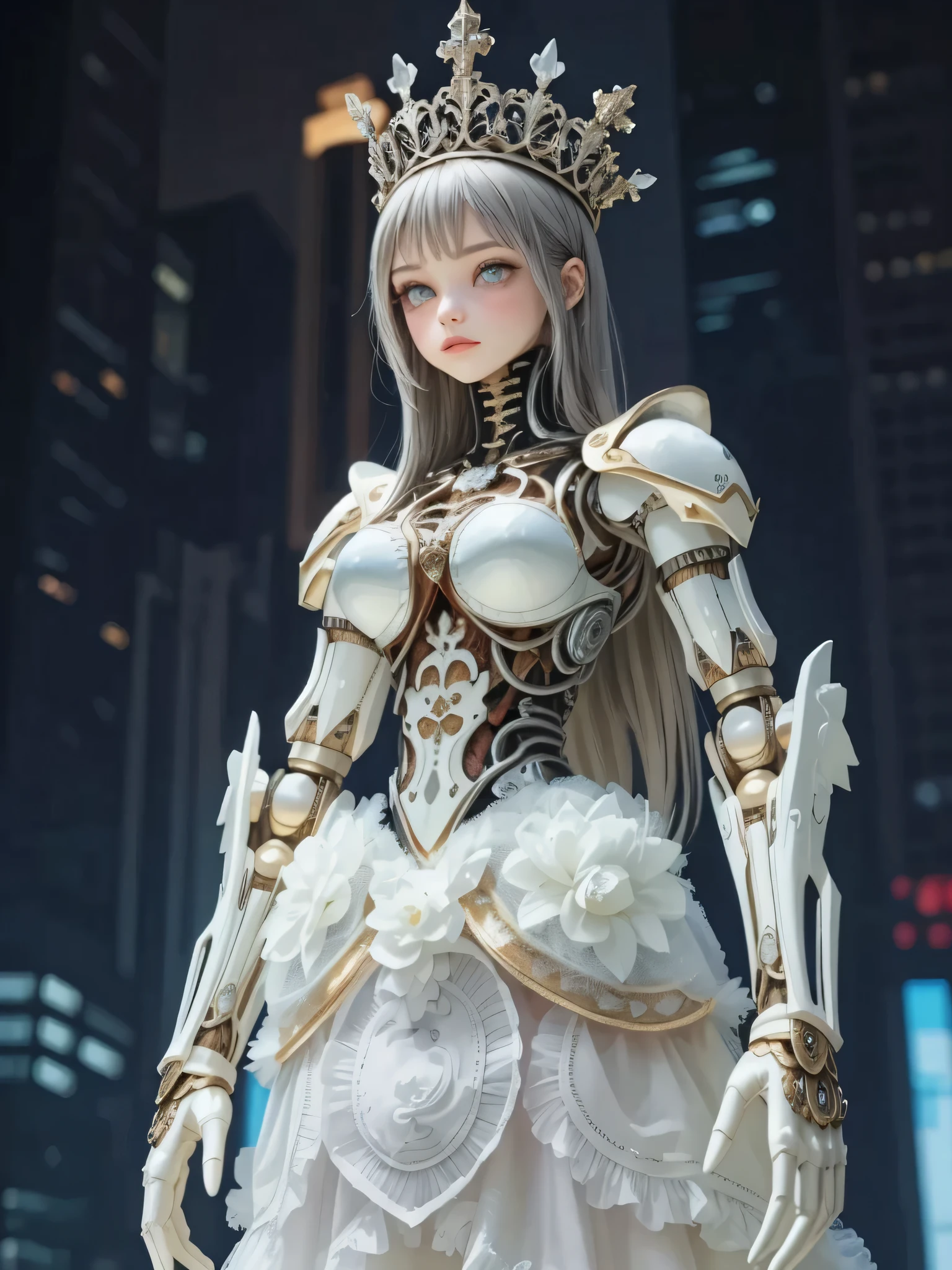 ((Highly accurate drawing across the details) Extremely accurate depiction )[high res],((Realistic texture expression)),(Clear and precise illustrations),(Very fine and precise drawing ),(Delicate lines with slow speed)[[Beautifully color-tressed main lines]],[Modern city skyscrapers background],[HENTAI][[ ANIMATED][ROBOT Beautiful Girl]](GIANTROBOTGirl, bigger than a building[Porcelain-like glossy skin](SKINNY[SLENDER]))[Pure White AUTOMATON(Mechanical limbs)]([Slavic Beautiful Girl's Face]METALFACE as beautiful as a doll([Clear lenticular iris]Pale Glowing Eyes)])(Transparencyのある樹脂繊維の髪[Sparkling Transparent Material])[(Mechanical Knight)[Titanium alloy internal skeleton](Delicate thin fingers)]],((An elegant exterior with many curved surfaces[Smooth body surface])(Halo Crown[[Large raised shoulder pads]])[Ivory white armor dress](Full Metal Petticoat(frills))),[[It is called the white porcelain princess lily.][mechanical joints[[brass gears]Energy cables]],[sci-fi(Mechanical)[Steampunk]],[Platinum Coating],([ Beautifully Artistic Decor][White lily pattern])[Transparency],(Huge feeling[aerial perspective])[ Appropriate Ambient Light (Ideal light source representation)](details(High precision in selection)),(Precisely drawn faces(Perfect and Beautiful Faces)),(Beautiful eyes drawn with precision detail[Clear, large eye contours])[[深いTransparency][Sharply defined pupils](jewel-like irises that reflect light intricately)((Beautiful eyes clearly drawn down to the smallest detail))]),[[Eye Light]],[Long and beautiful eyelashes],[Soft looking lips[Slightly wet luster]],[[Uncluttered hairstyle]Precisely drawn hair one by one[美しく艷やかな髪のdetails]],(完璧な手のdetails[Beautiful fingers without flaws[Beautiful nails]]),(Perfect Anatomy(Perfect, well-balanced proportions)),[[High level of design[The golden ratio]]][Ideal Colors Coordination(Accurate simulation of the interaction between light and materials)[Beautiful and vivid color(Moderately soft contrast balance)[Soft chroma]]],([precise details][HighQuality]high res(details(High precision in selection))),(Huge feeling[Total length: 40 meters])[[full body view:0.4]][Narrative visual art],[[Personalization]](High-density drawing expressions)(最high res).
