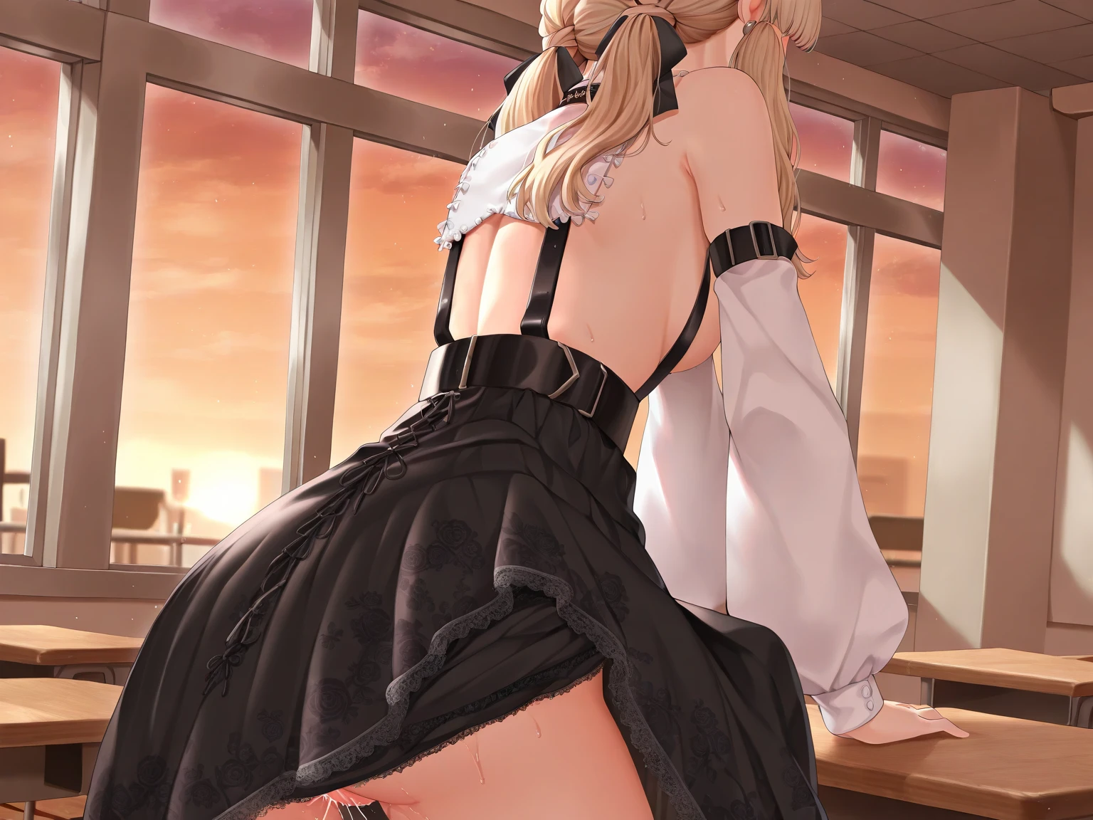 Seras Viktoria, Red top ,1girl , Red skirt, beach, masterpiece, medium ass, good Athonomy , indoors, library, detailed, lifts her skirt